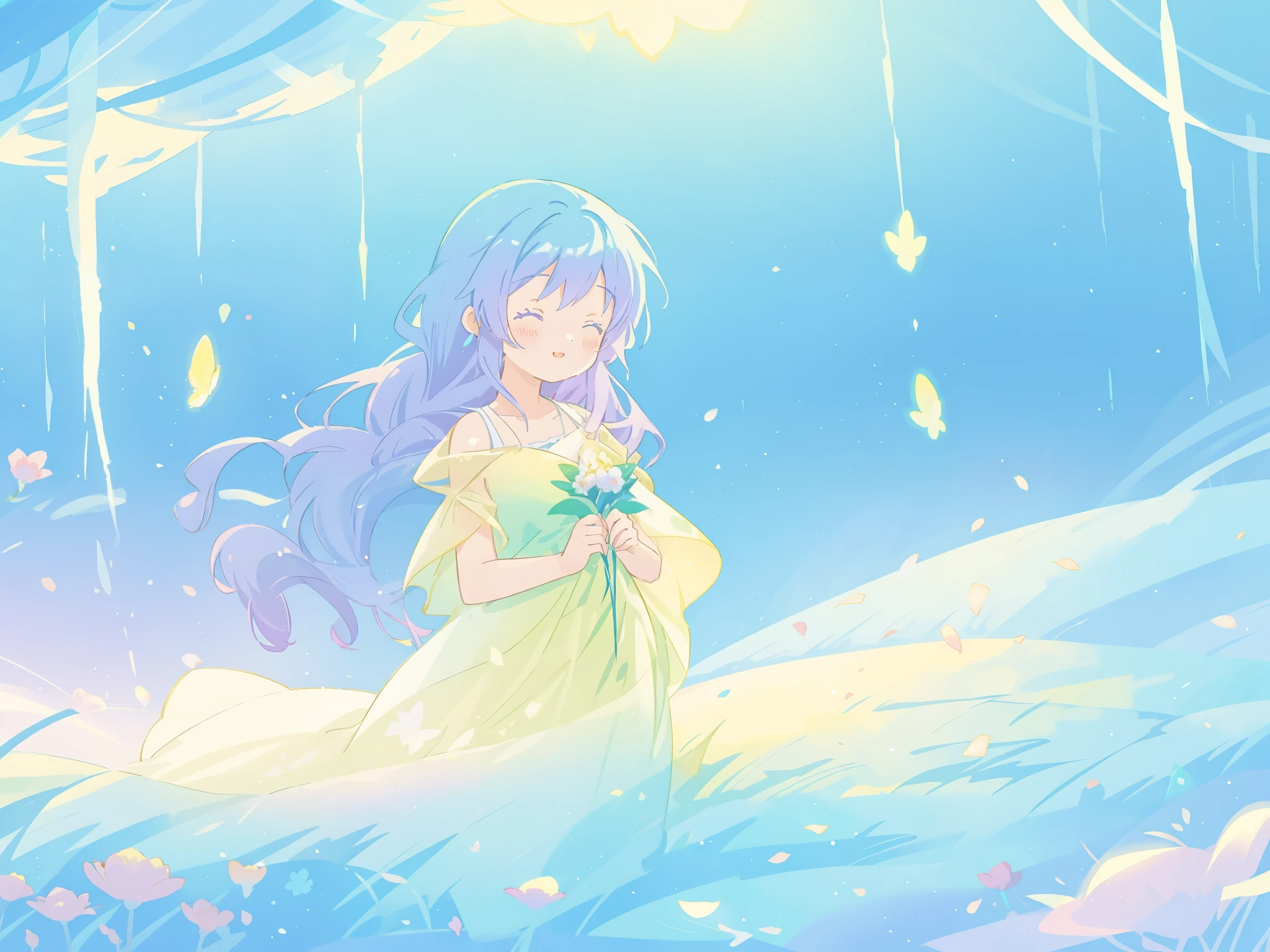 beautiful girl in yellow mint gradient flowing dress, long flowing blue purple hair, colorful fantasia background, watercolor illustration, disney art style, glowing aura around her, glowing lights, beautiful digital illustration, fantasia otherworldly landscape plants flowers, beautiful, masterpiece, best quality, anime disney style