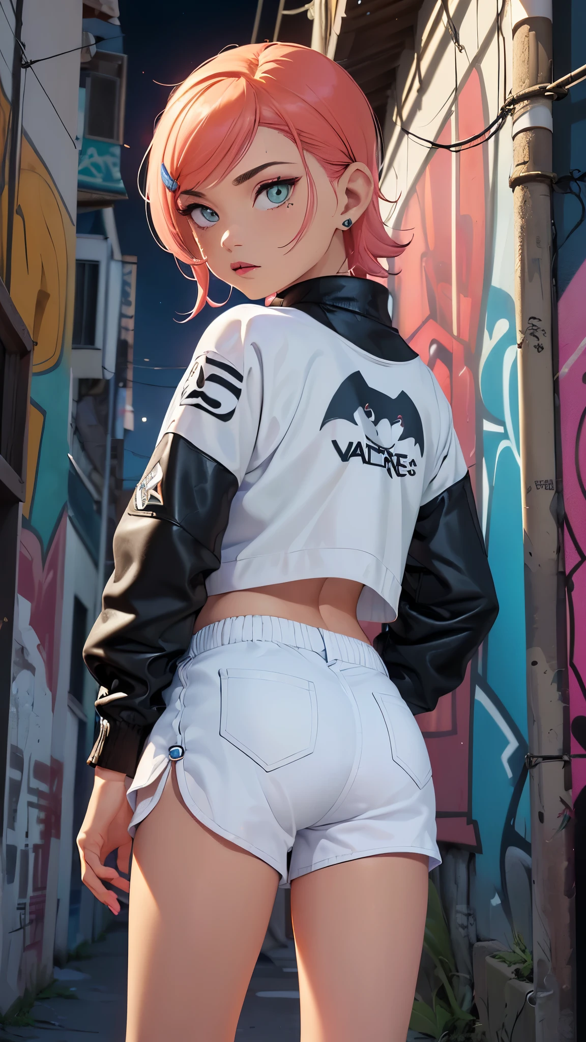 ((gwendolyn_Tennyson, back, desde back, Pelo lateral afeitado, pechos medianos, Caderas anchas, malicioso)), ((pink lipstick, extremadamente detallado, Soft ambient lighting, 4k, ojos perfectos, una cara perfecta, perfect lighting, una 1 chica)) Austero, ((malicioso, (deportes bien), vaqueros, (Shorts cortos white :1.4) , pantalones cortos desabotonados)), Noche sky, nubes, erotica, Lots of erotica, (graffiti alley, (Paredes de graffiti:1.4) , in an alleyway, Noche, luz de la luna, starry Noche), More detailed 8K.motor irreal:1.4,UHD,La mejor calidad:1.4, fotorrealista:1.4, textura de la piel:1.4, obra maestra:1.8,obra-prima, mejor calidad,objeto Objeto], (detailed face features:1.3),(Las proporciones correctas),(Ojos hermosos azules),  (pose vaquero), (dedos detailed :1.4),( vestuario estilo kawaii :1.4), ,( ciberpunk 2.1)