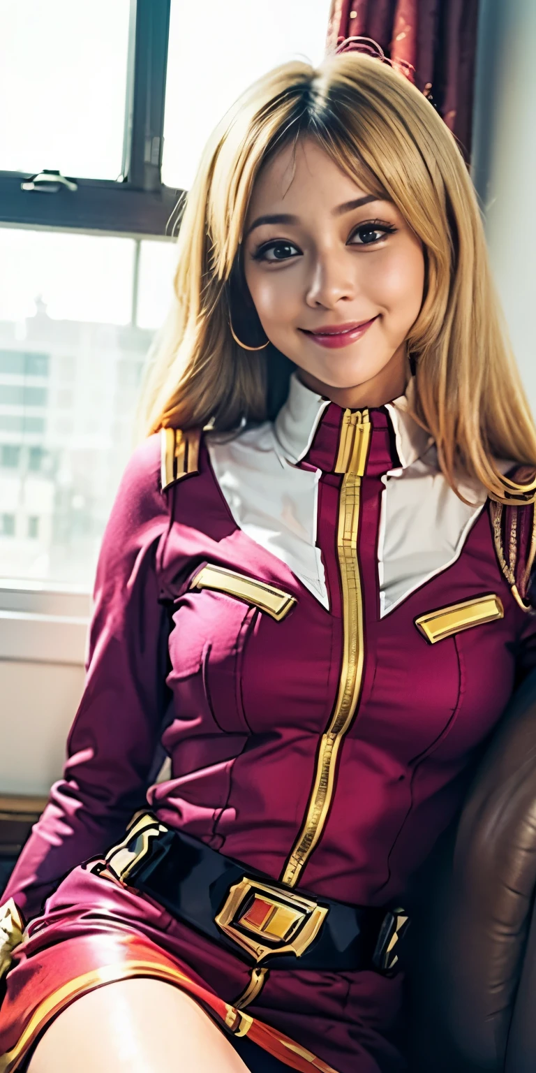 （8k、Raw photography、highest quality、masterpiece：1.2),(black haired、very long bright blonde hair:1.7),show viewer,Looking at the front,erotic,(super sentai series、She is wearing a red Precure costume.:1.6)、(Clothing that emphasizes the shape of your chest:1.3)、(big breasts :1.3)、legs open、slim body shape、ultra high resolution,beautiful,beautiful fece,(alone, alone、no background:1.9),whole bodyボディー,、(black eye、japanese woman: 1.3),（Photoreal：1.37）、photon mapping,reality、(Baby-faced and cute: 1.1)、(cute smile: 1.7)、(With a round face: 1.8)、radio city、Physically based rendering、depth of field rally background、photograph, (I can see your knees,close up of thighs、blue skirt is too short、spread your legs、showing off white panties:1.3),whole body、super fine