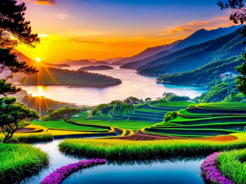 (best quality,4k,8k,highres,masterpiece:1.2),ultra-detailed,(realistic,photorealistic,photo-realistic:1.37),peaceful,rice paddy,terraced fields,autumn,ear of rice,detailed guide,beautiful detailed sunset,serene atmosphere,rural scenery,Nature at its finest,natural beauty,twilight sky,tranquil sea,serene sunset,golden hues,colorful horizon,majestic sea waves,scenic beauty,stunning landscape,vibrant colors,soothing ambiance,sublime moment,awe-inspiring view,breathtaking scenery,awe-inspiring sunset,mesmerizing beauty,spectacular panorama,ethereal light,calm ocean,harmonious combination,stunning sunset reflections,nature's masterpiece,magical twilight,serene escape,dreamlike setting,serene beauty,tranquil haven,nurturing warmth,natural harmony,awe-inspiring tranquility,sublime serenity,gentle breeze of peace,rejuvenating aura,tranquil sensation,harmony with nature
