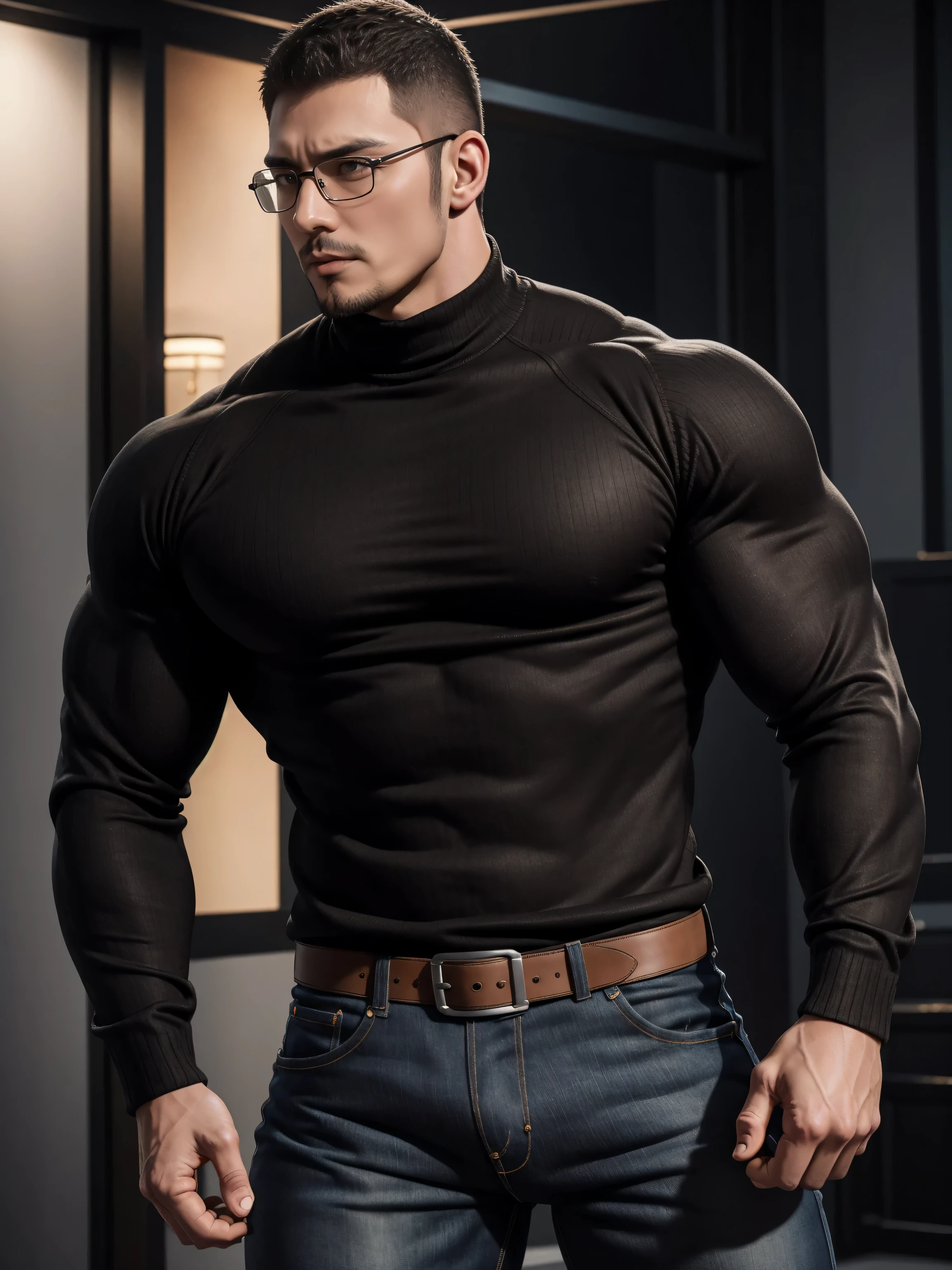 1 man/ man/ strong man/ muscular/ elegant/ teenager/ anime/ slightly realistic/ black hair/ elegant eyes/ black sweater/ book in hands/ library setting/ low lighting