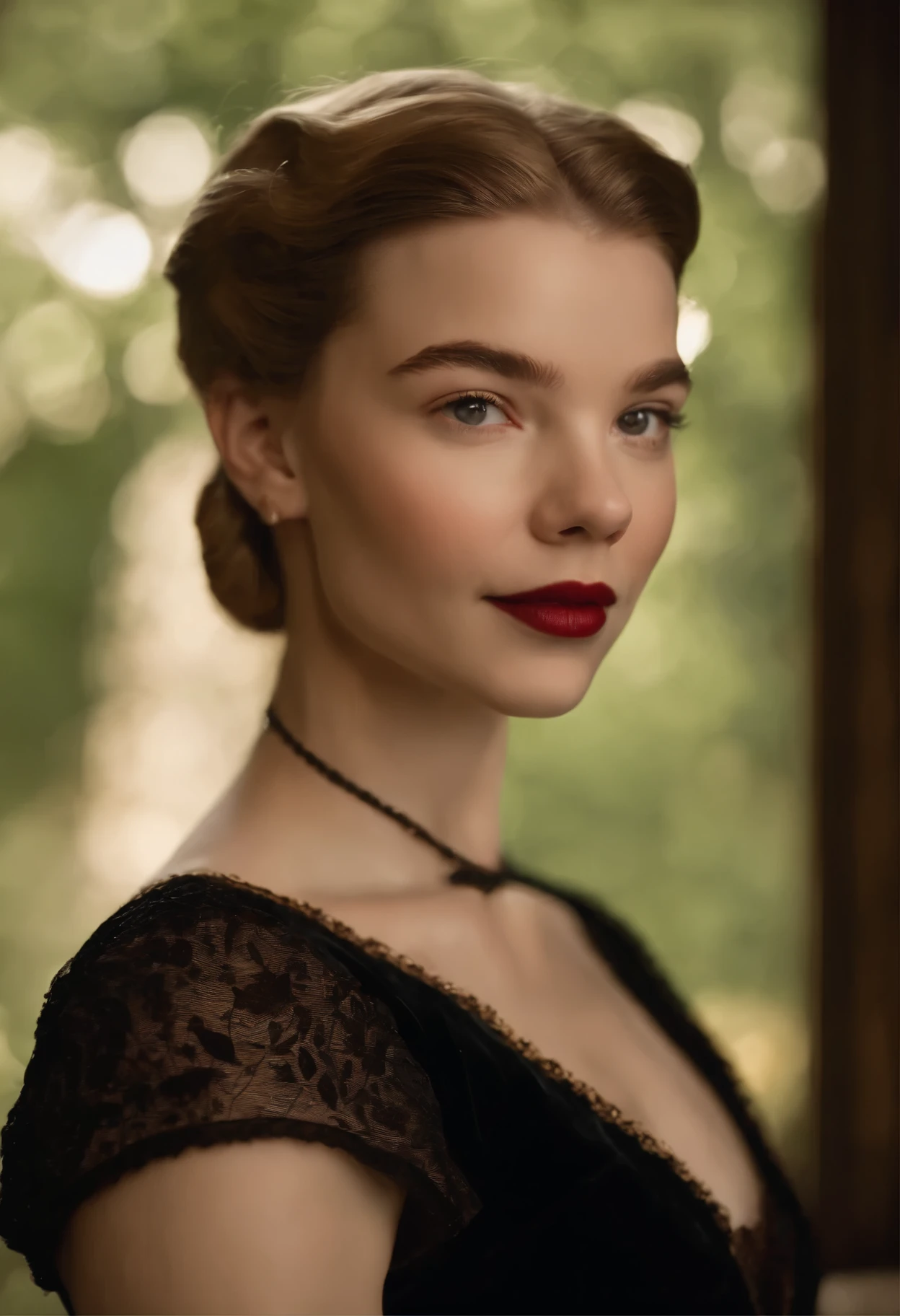 Anya Taylor-Joy, ligh blond hair, brown eyes, happy, cute face, white skin, brown hair, ponytail haircut, eyeliner, thin nose, wearing a black Edwardian dress from 1901, room in the background, high quality lightning, high quality photograph