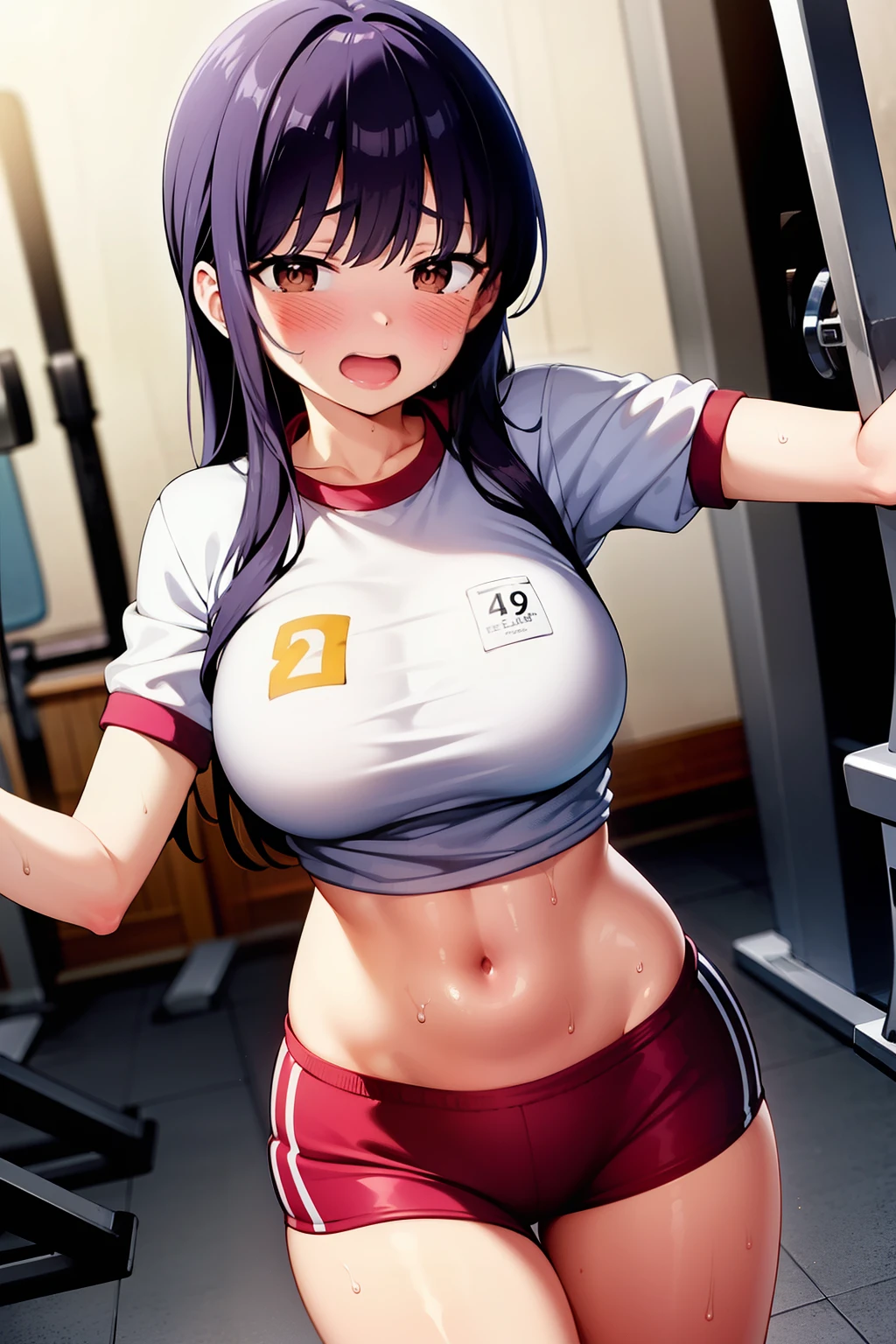 Woman in gym uniform, wearing bloomers, sweaty face, 22-year-old older sister, blushing, panicked, Anna Yamada, Anna Yamada, taking body measurements at the gym,