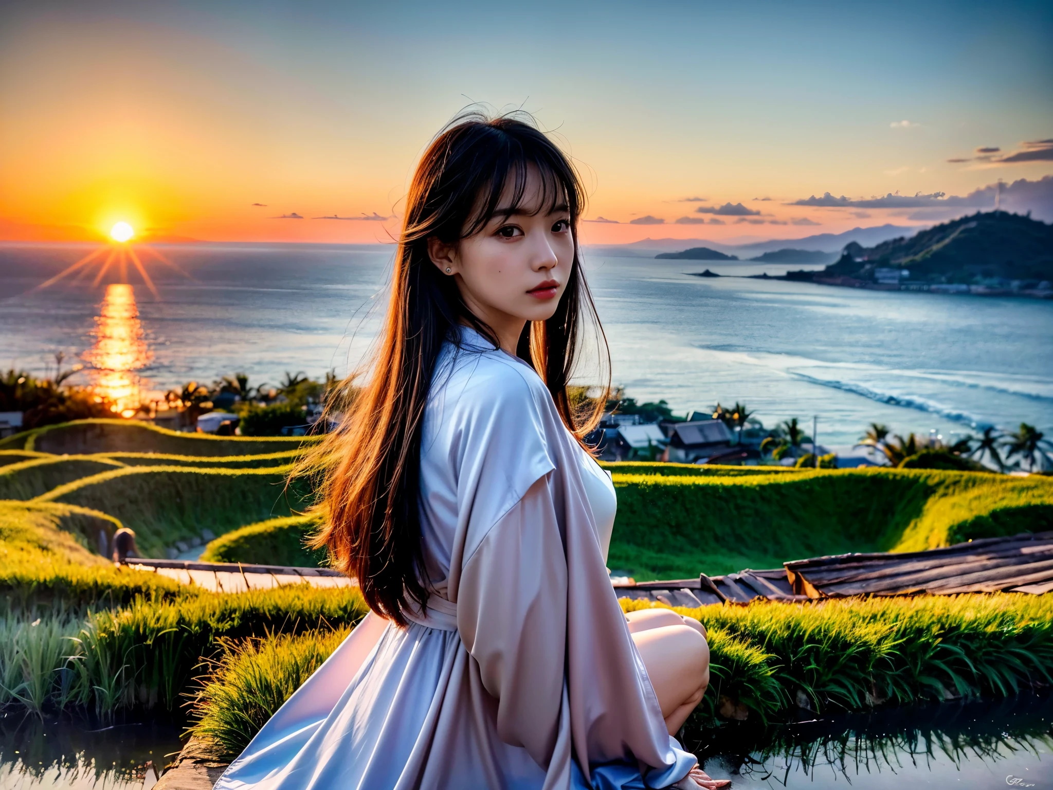 (best quality,4k,8k,highres,masterpiece:1.2),ultra-detailed,(realistic,photorealistic,photo-realistic:1.37),HDR,UHD,studio lighting,ultra-fine painting,sharp focus,physically-based rendering,extreme detail description,professional,vivid colors,bokeh,portraits,landscape

rice paddy, peaceful rural scenery, terraced fields, autumn, ear of rice, a girl looking at the sunset, sky and sea, sun setting over the sea, warm color tones, golden sunlight, soft and gentle lighting