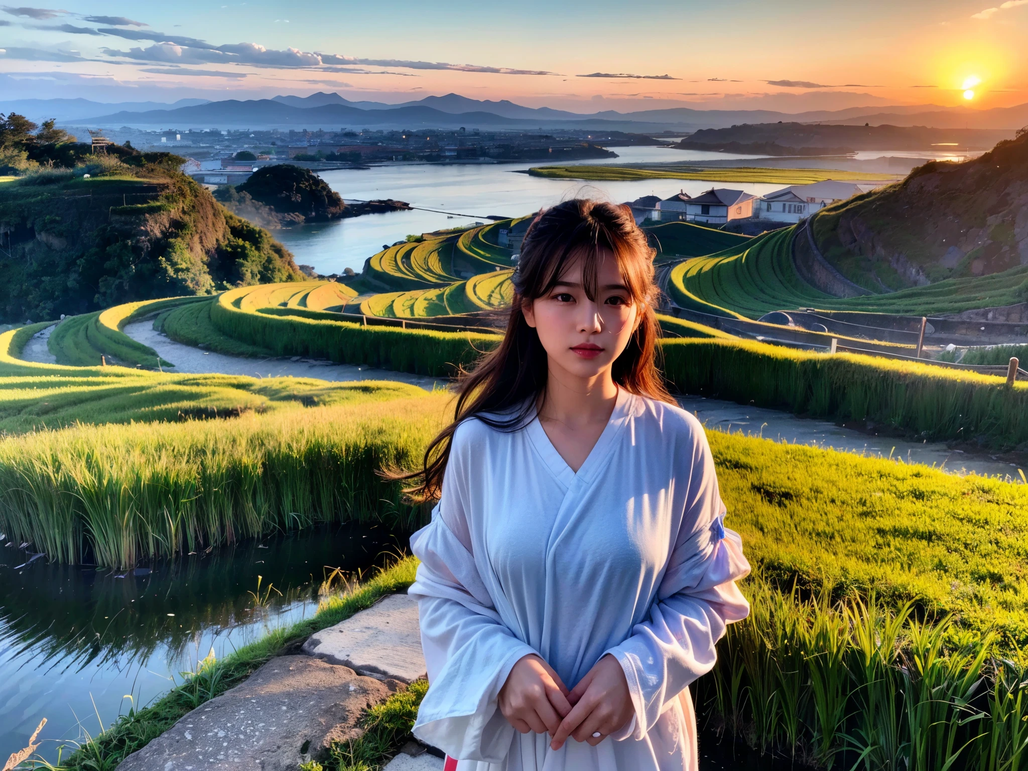 (best quality,4k,8k,highres,masterpiece:1.2),ultra-detailed,(realistic,photorealistic,photo-realistic:1.37),HDR,UHD,studio lighting,ultra-fine painting,sharp focus,physically-based rendering,extreme detail description,professional,vivid colors,bokeh,portraits,landscape

rice paddy, peaceful rural scenery, terraced fields, autumn, ear of rice, a girl looking at the sunset, sky and sea, sun setting over the sea, warm color tones, golden sunlight, soft and gentle lighting