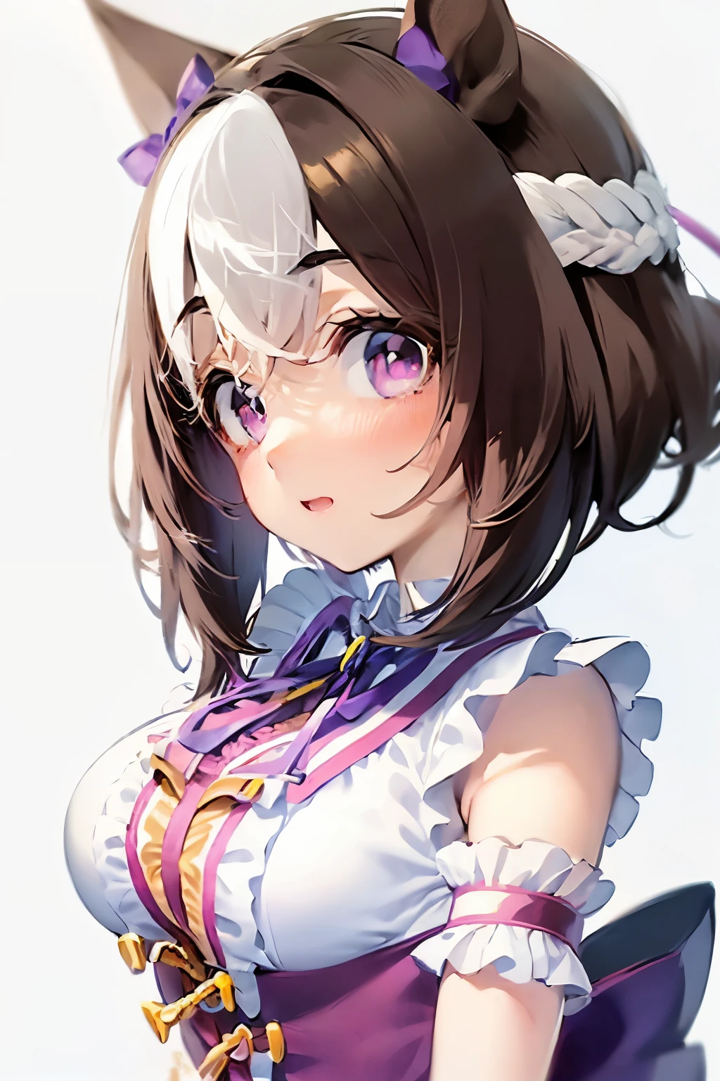 special_week_\(Umamusume)、bow ribbon、bow ribbon、bow ribbon、corsets、Fluffy breasts、nursing、toppless、teats、The upper part of the body、(Refers to the viewer:1.3)、Happiness、(White background:1.5)、(front-facing view:1.3)