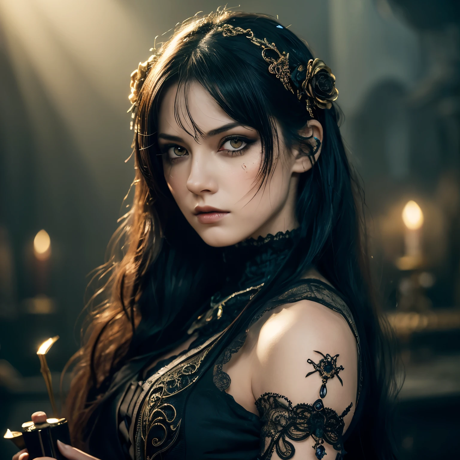 chibi character,((masterpiece, highest quality)), (1 girl), (female focus), (black hair, long hair), hair above one eye, yellow eyes, red rose hair ornament,Lonely eyes, cold look, cold look, gothic dress, white skin, color grading,, ultimate quality, shine, very detailed, ultra-detailed face, Ultra HD 8K, Ultra-digital, mythical, perfect face, beautiful, (perfect composition: 1. 4), detailed face and body, award winning photography , detailed face, looking at the viewer, cinematic lighting, embers, fantasy background, (necromancer), (villain), fake traditional media, (masterpiece, highest quality, Super detailed, best shadow), (beautiful detailed face, Female features), (best illumination), ((cinematic light)), colorful, hyper detail, dramatic light, intricate details, (dark circles under the eyes), gothic, decadence, wonderful, Spooky,yellow eyes,Black Rose Dress,