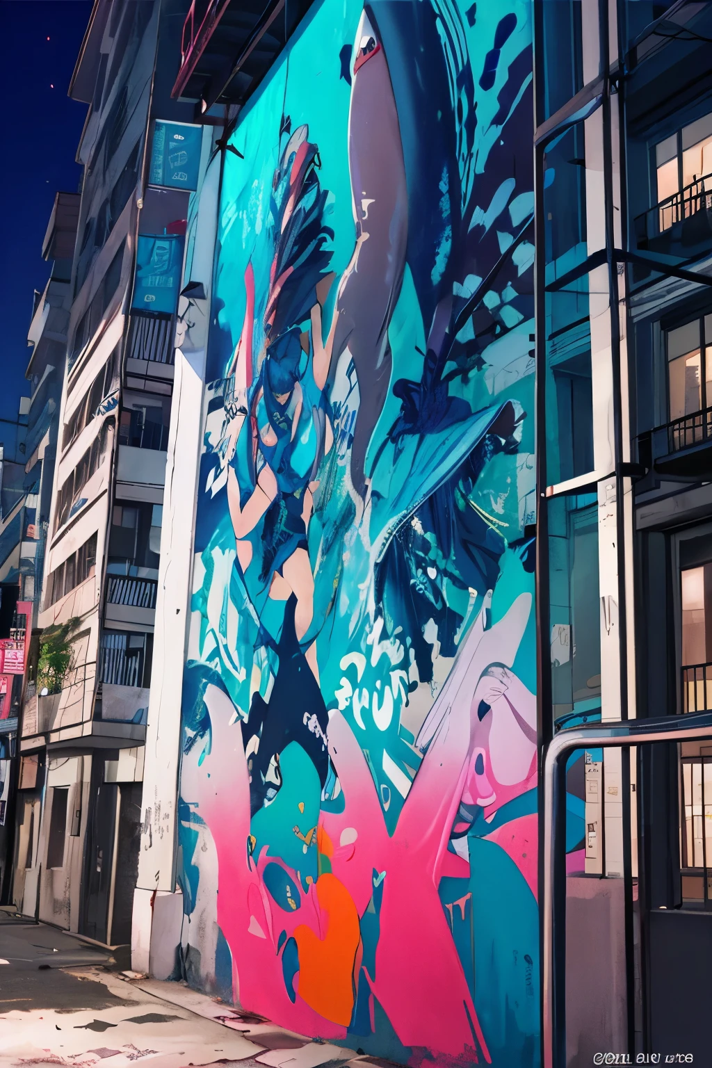 graffiti de tiburones en edificio ciberpunk en la noche ciudad detallada