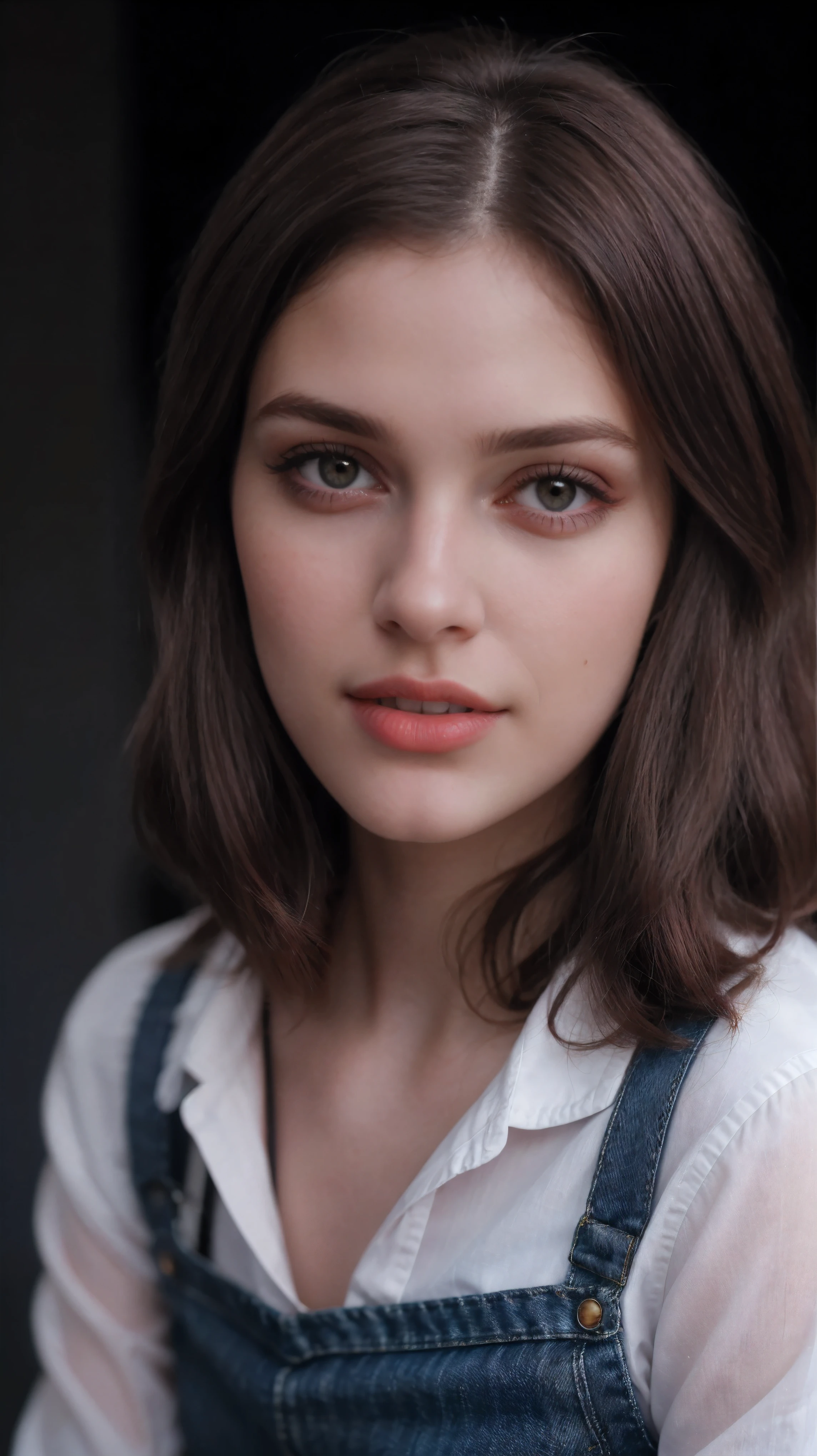Boycut brown shining hair, (RAW photo), (realism: 1.8), (gloss red lipstick, many eyelashes, dark black eye shadow, shy, blushing, high quality, high resolution, depth of field, chromatic aberration, caustic, wide light, dark pink fair glossy skin, (21 year old woman), stylish college girl, white shirt-blue jeans, lots of exposure, pose, visible 8k resolutions,