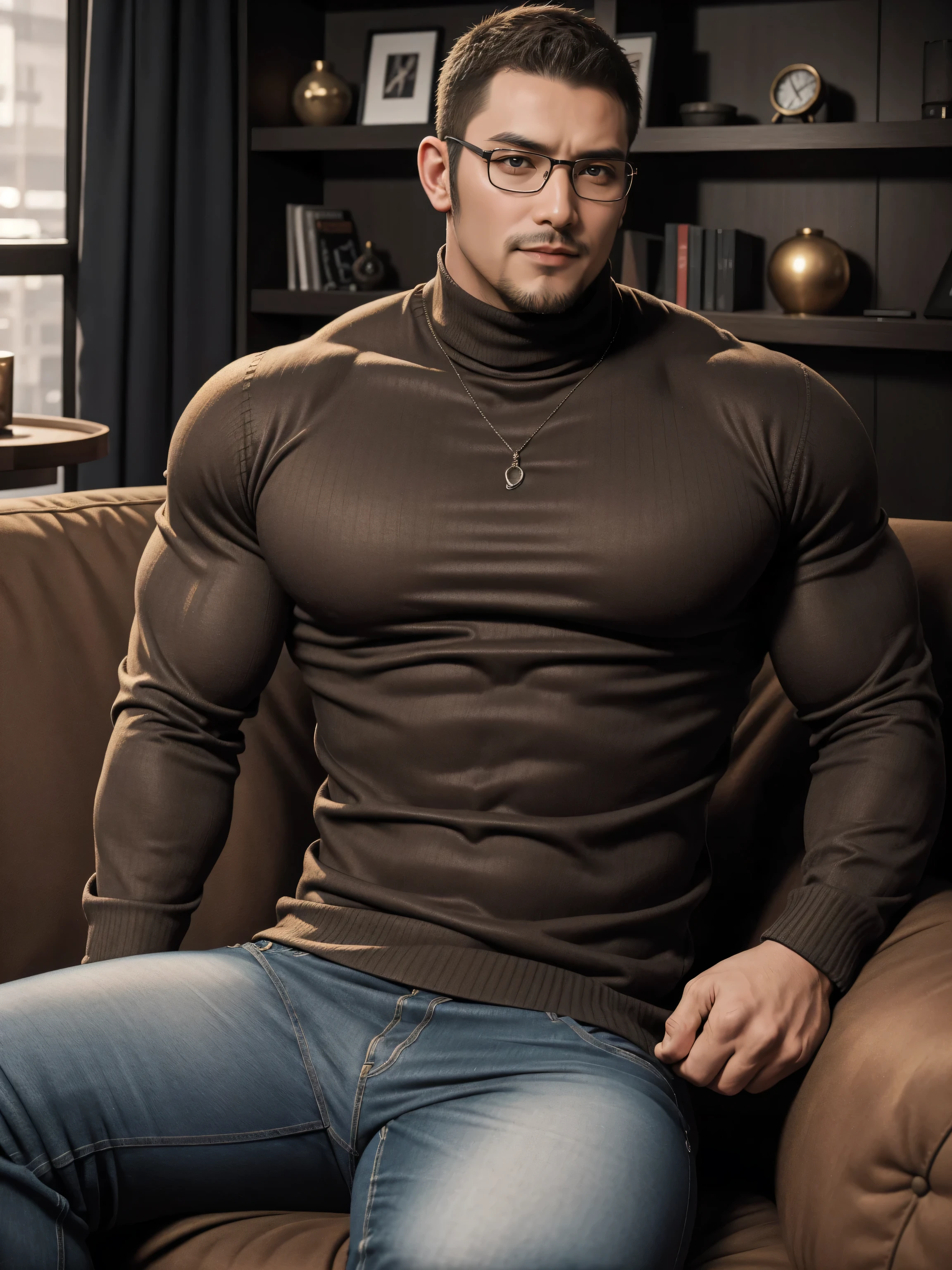 Tall giant muscular 肌肉男,Black-rimmed glasses,Brown and gray turtleneck tight long-sleeved sweater,Elastic and firm texture,jeans,Sitting on the soft sofa in the living room,character concept(Resident Evil - chris redfield,chris redfield)Smile is warm and charming,Deep and charming eyes,heroic male pose,高大burly,muscular!muscular大腿,tough guy,perfect facial features,High, burly, Heqiang, Super gain and cool, high resolution committee,Charming strong man,The bright sunshine is shining on you