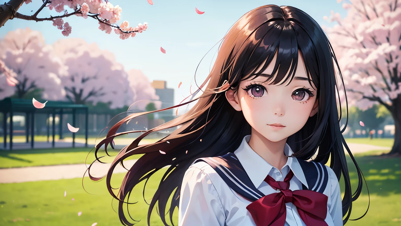 top quality、like the same lights、1 female high school student、school playground,Cherry tree,Upper body,reality,close up,Shiny eyes,wind blowing hair,romantic,Beautiful HD。Wearing school uniform,petals falling,