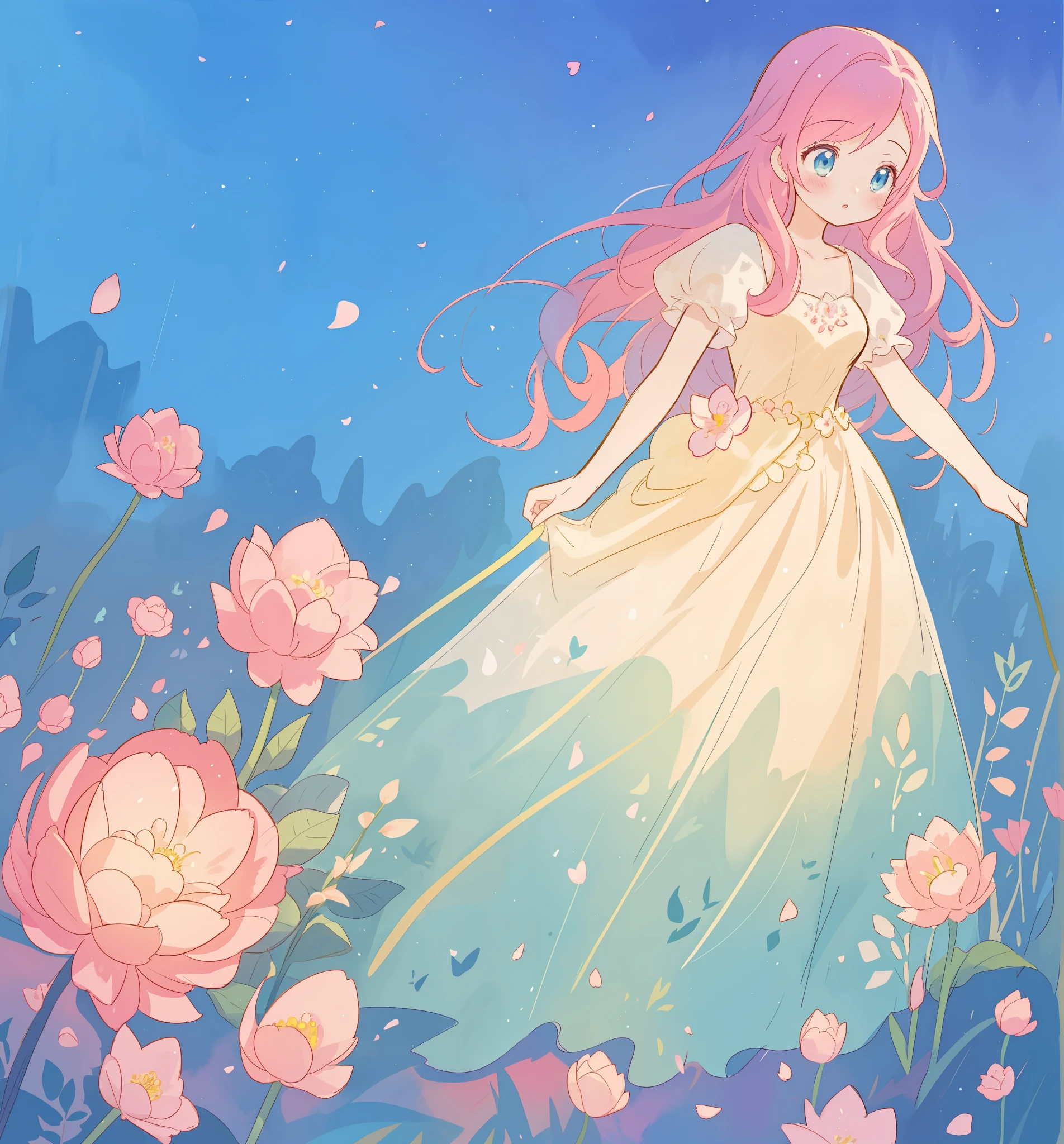 beautiful girl in puffy gradient ballgown, a field with round puffball pink flowers, otherworldly flowers, whimsical landscape, long pink flowing hair, watercolor illustration, inspired by Glen Keane, inspired by Lois van Baarle, disney art style, by Lois van Baarle, by Glen Keane, jen bartel, digital painting, beautiful digital illustration, fantasia otherworldly landscape plants flowers, beautiful, masterpiece, best quality, anime disney style
