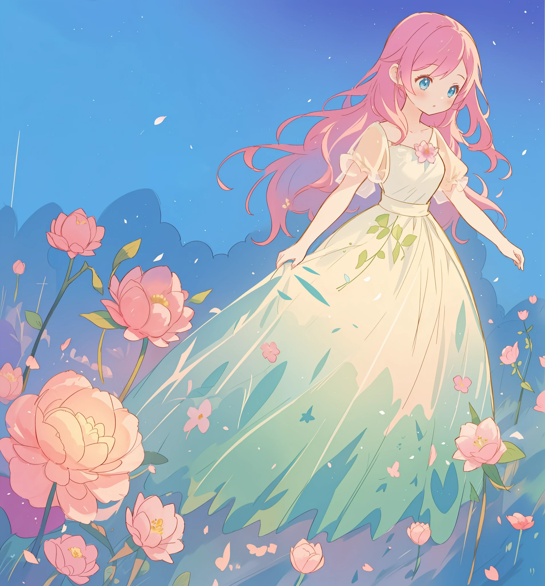 beautiful girl in puffy gradient ballgown, a field with round puffball pink flowers, otherworldly flowers, whimsical landscape, long pink flowing hair, watercolor illustration, inspired by Glen Keane, inspired by Lois van Baarle, disney art style, by Lois van Baarle, by Glen Keane, jen bartel, digital painting, beautiful digital illustration, fantasia otherworldly landscape plants flowers, beautiful, masterpiece, best quality, anime disney style