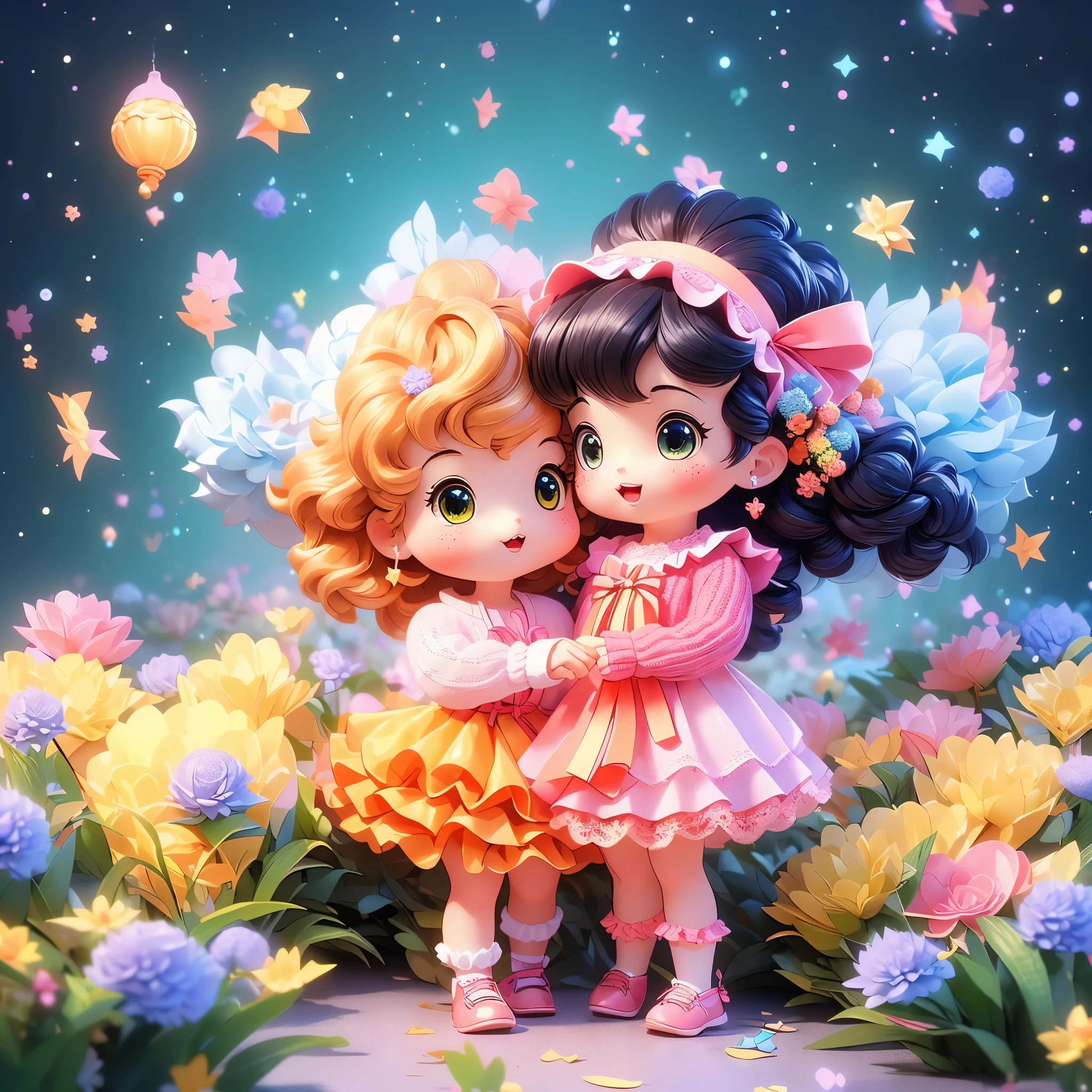 (best quality,4k,8k,highres,Meisterwerk:1.2),ultradetailliert,(Realistisch,photoRealistisch,photo-Realistisch:1.37),2 s, Gute Freunde, (She is wearing a dress (lots of ribbons, Lace and ruffles, 3-stufiger, ruffled sweater skirt), Cat girl:1.4), Sanrio-Illustrationsstil, eine fantastische Zauberwelt, Der Hintergrund des Sternenhimmels,