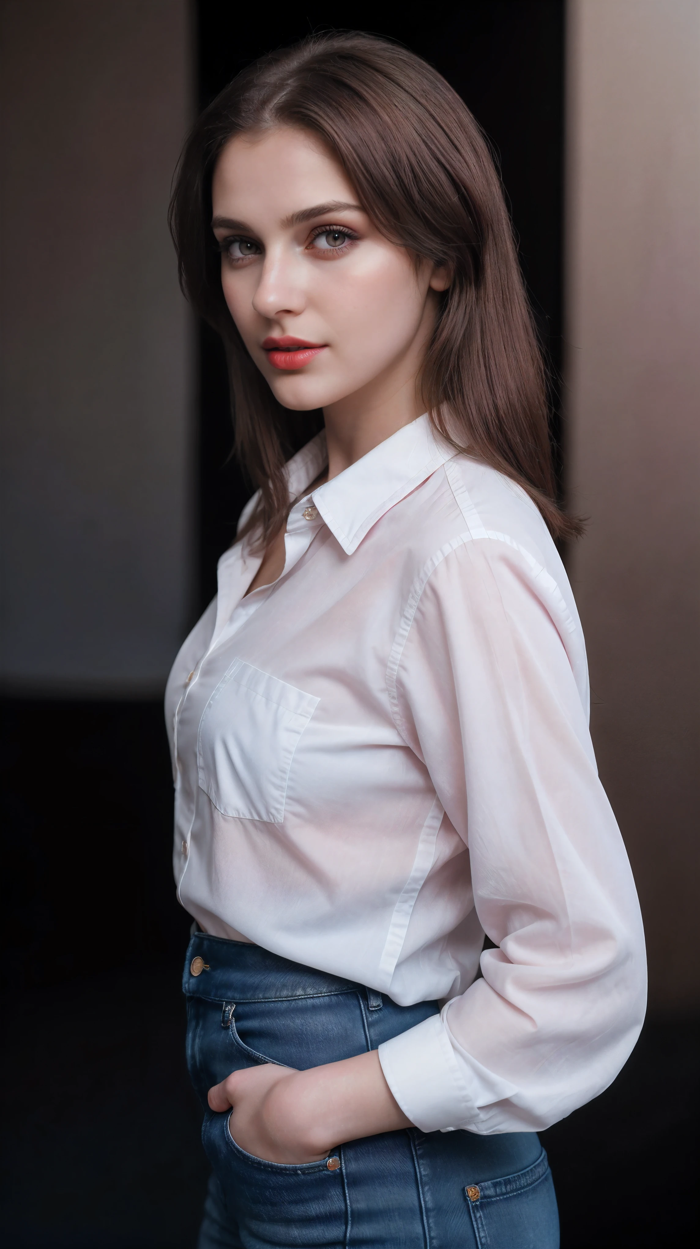 Boycut brown shining hair, (RAW photo), (realism: 1.8), (gloss red lipstick, many eyelashes, dark black eye shadow, shy, blushing, high quality, high resolution, depth of field, chromatic aberration, caustic, wide light, dark pink fair glossy skin, (21 year old woman), stylish college girl, white shirt-blue jeans, lots of exposure, pose, visible 8k resolutions,