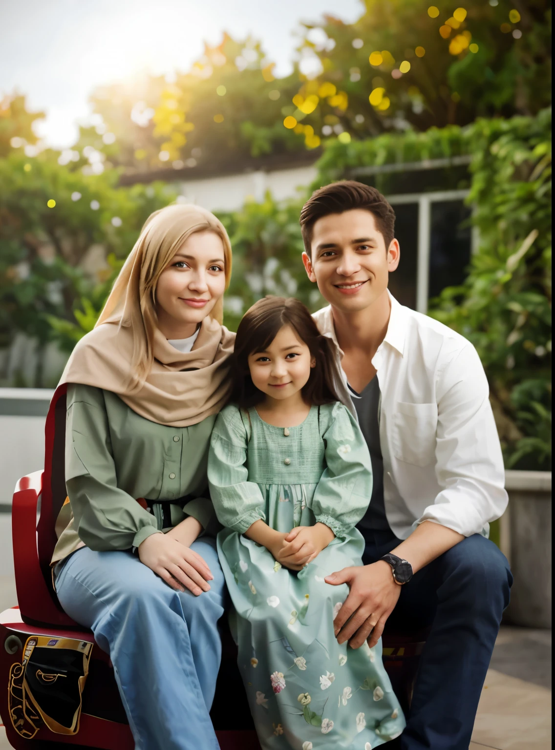 Araffe family sitting on a bench in a park with a child - SeaArt AI