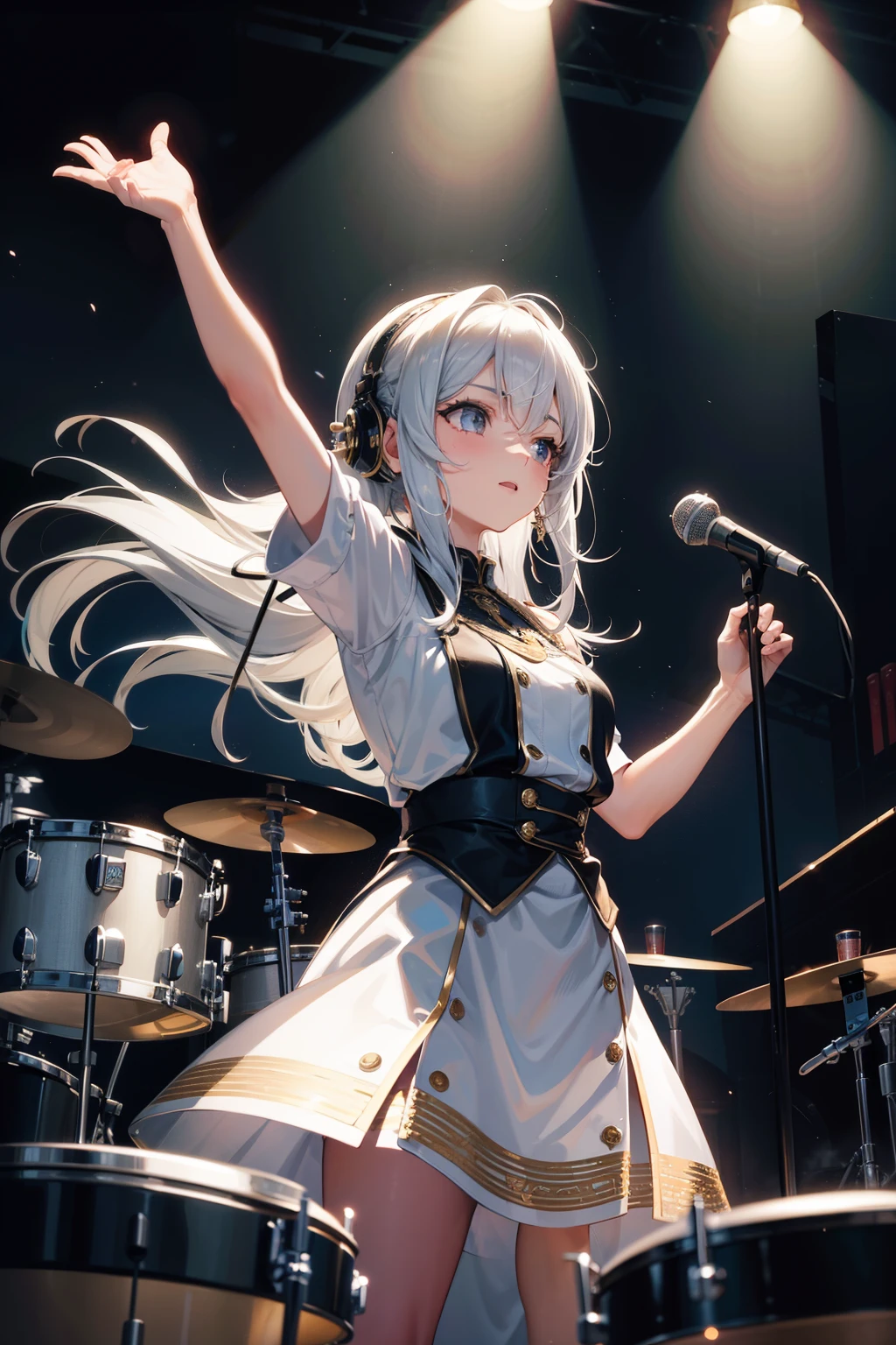 This illustration features a silver-haired girl with medium-length hair playing the drums on stage. She confidently swings the drumsticks, surrendering herself to the music. Her silver hair dances lightly as she exudes a vibrant and energetic presence while performing. The stage lighting illuminates her, and the cheers of the audience echo in the background. The illustration captures the magical moment when music fills the air through her drumming. Her passion and talent shine through the entire artwork, captivating the hearts of those who behold it.