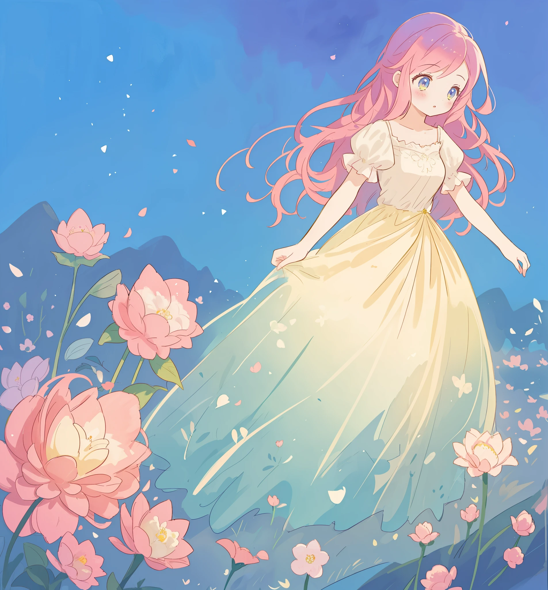 beautiful girl in puffy gradient ballgown, a field with round puffball pink flowers, otherworldly flowers, whimsical landscape, long pink flowing hair, watercolor illustration, inspired by Glen Keane, inspired by Lois van Baarle, disney art style, by Lois van Baarle, by Glen Keane, jen bartel, digital painting, beautiful digital illustration, fantasia otherworldly landscape plants flowers, beautiful, masterpiece, best quality, anime disney style