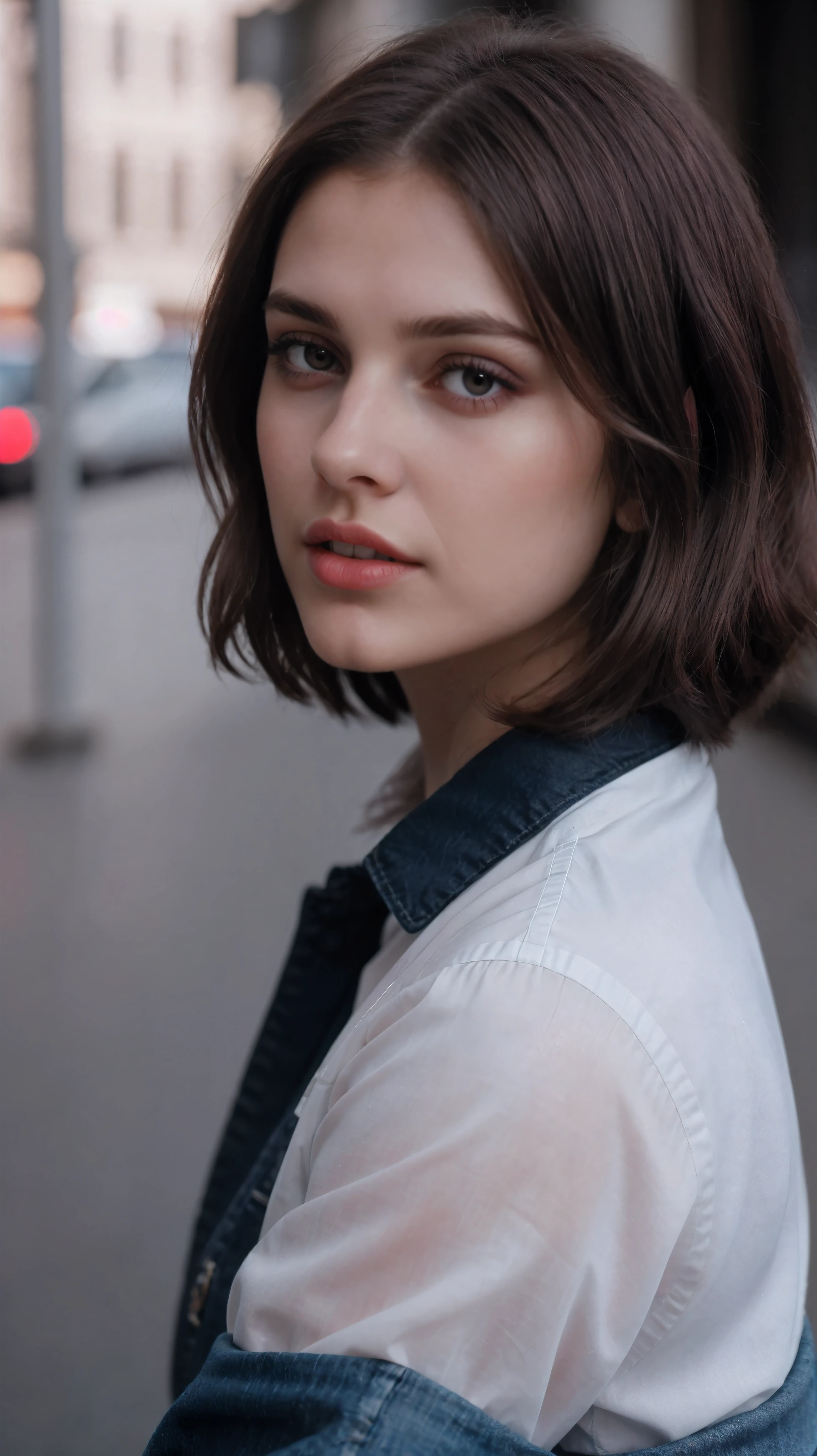 Boycut brown shining hair, (RAW photo), (realism: 1.8), (gloss red lipstick, many eyelashes, dark black eye shadow, shy, blushing, high quality, high resolution, depth of field, chromatic aberration, caustic, wide light, dark pink fair glossy skin, (21 year old woman), stylish college girl, white shirt-blue jeans, lots of exposure, pose, visible 8k resolutions,