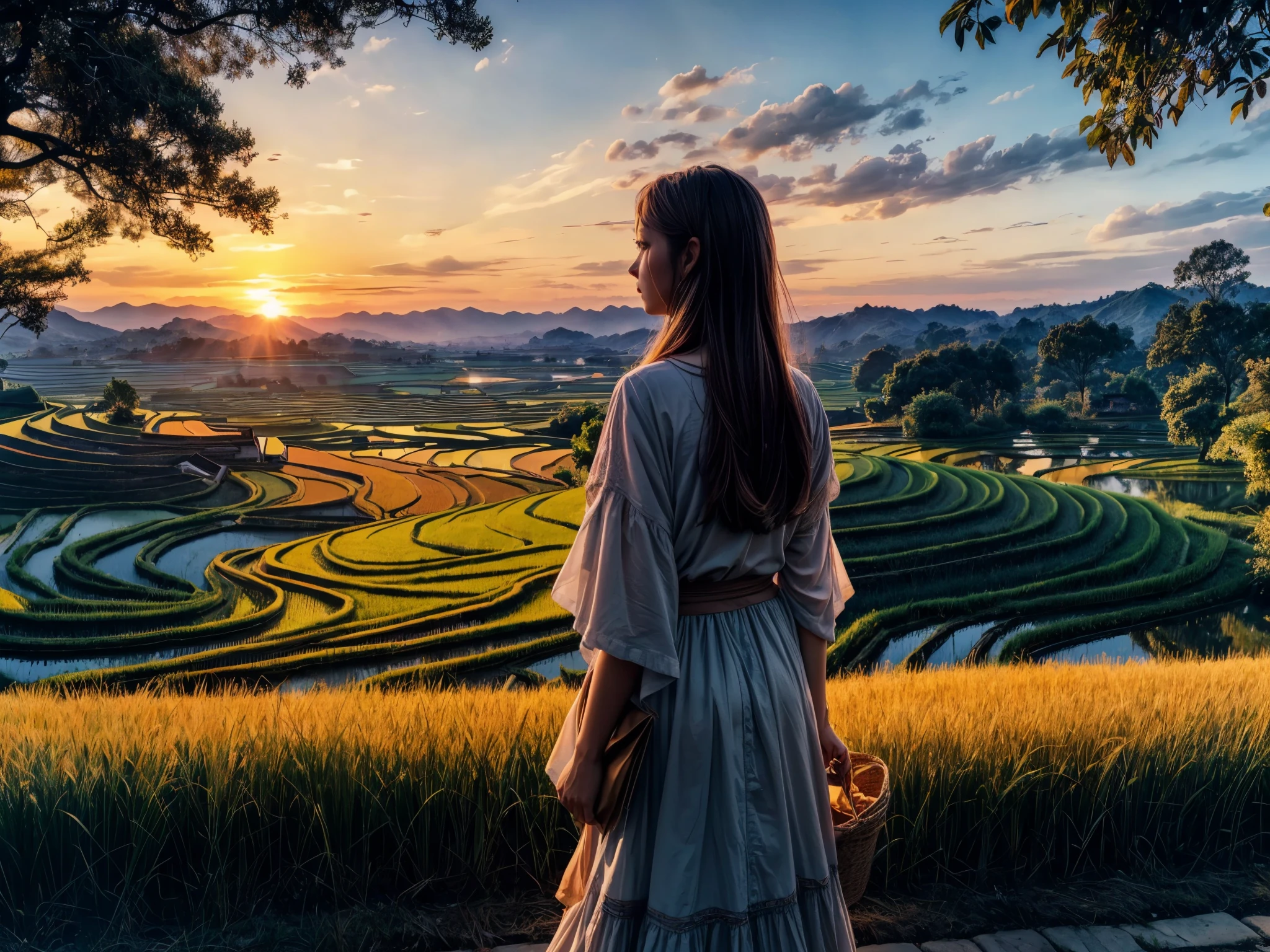 (best quality,4k,8k,highres,masterpiece:1.2),ultra-detailed,(realistic,photorealistic,photo-realistic:1.37),HDR,UHD,studio lighting,ultra-fine painting,sharp focus,physically-based rendering,extreme detail description,professional,vivid colors,bokeh,portraits,landscape

rice paddy, peaceful rural scenery, terraced fields, autumn, ear of rice, a girl looking at the sunset, sky and sea, sun setting over the sea, warm color tones, golden sunlight, soft and gentle lighting