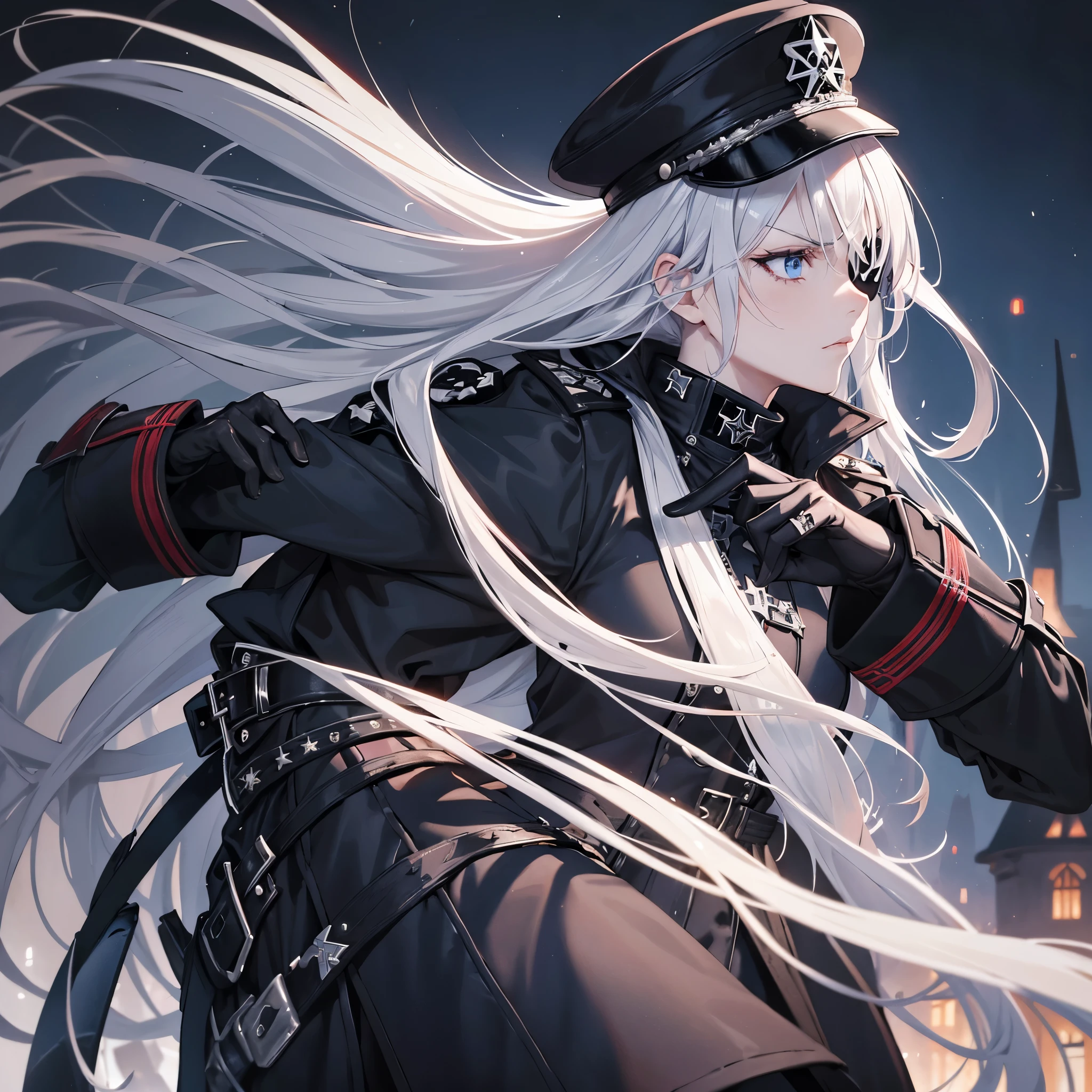 A woman, with silver hair with a reddish tone, light blue eyes, an eye patch, wearing a long black gothic coat with a slightly reddish tone, with iron cross symbols on the silver coat, black officer's hat with dress detail, with a iron cross, jump with iron cross detail, in a nordic castle at night, serious face.
