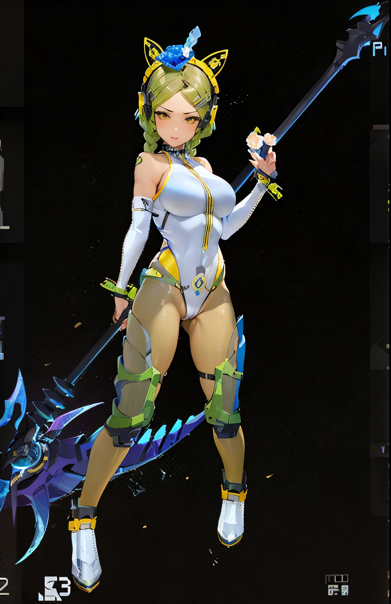 a close up of a woman in a costume holding a scythe, female, katana zero video game character, cyber suit, clothed in cyber armour, cyber fight armor, rogue anime girl, shy blush, wearing a thong, highheels, fullbodyshot, model pose, chocker, cameltoe, big ass, big thighs, toned body, detailed anatomy, anatomically correct, highcut leotard, highleg leotard, twin braids, braided hair, glossy lipstick, yellow eyes, highleg, g-string leotard, full body shot, high_res, high tension, stretched fabric, wedge, high_resolution, very_detailed, cameltoe, masterpiece, best quality, absurdres, highres, 4k, ray tracing, intricate details, highly detailed, big breasts, huge ass, full_body, ultra sexy, very high detail, detailed clothing, detailed textures, full body in shot, color harmony, pleasent colors, vibrant, cat earphones, yellow painted fingernails, yellow nailpolish, makeup, mascara, eyeliner, blue eyeshadow
