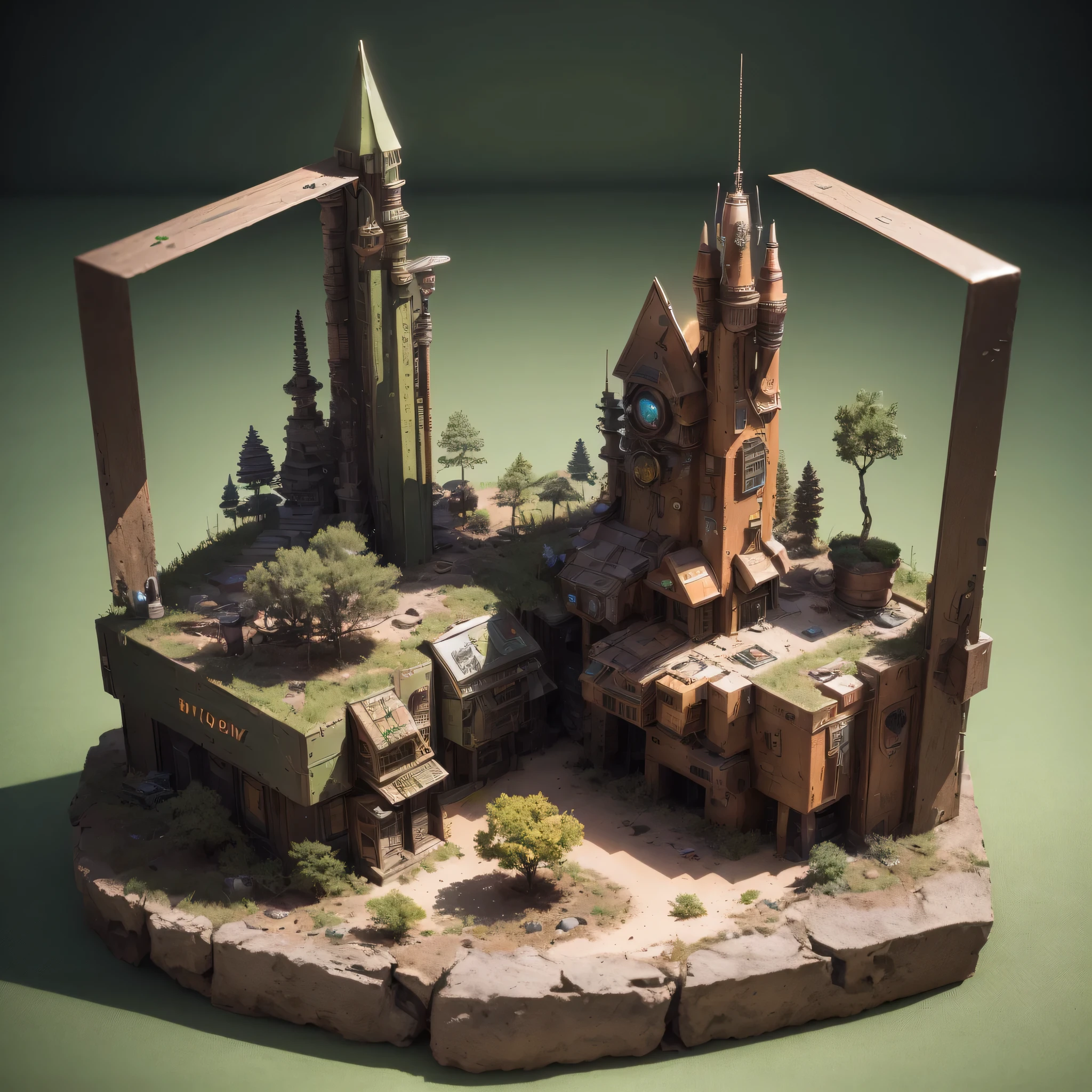 3598年Mars realistic model, (split ends, original photo, best quality, masterpiece:1.4),Steampunk Cyberpunk 6820 City,(CyberpunkMars light:1.3), Mars (related to land),(in a small nature box:1.3),Isometric, small nature, landscape on foundation,landscape,