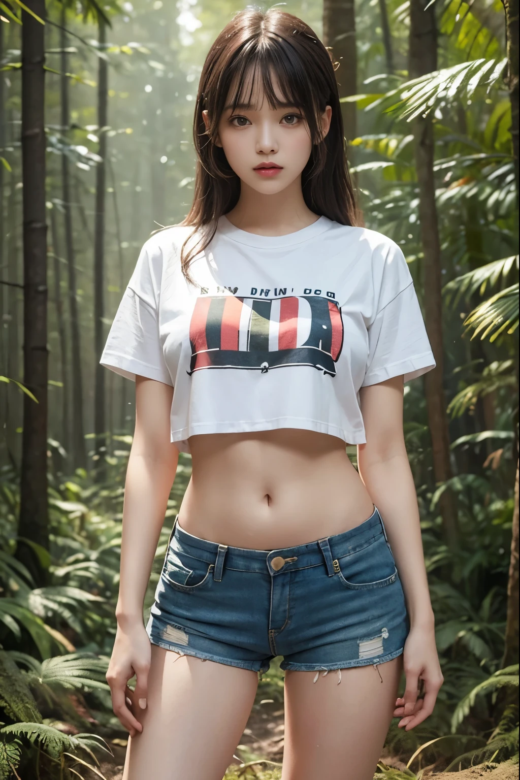 Hair bang, hair pin, deal tits, cropped t-shirts with text printed, stomach, Short pants, legs, standing (forest background), vibrant colours, studio lights, gentle lights, dim light, 3D animation