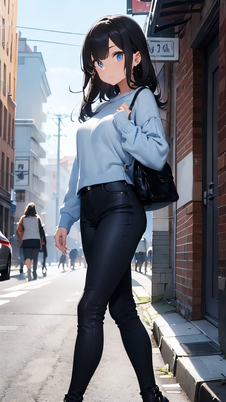 One is wearing a blue fresh-style sweater，Black skinny jeans，The youthful and beautiful eyes in black stilettos reveal the gentle beauty