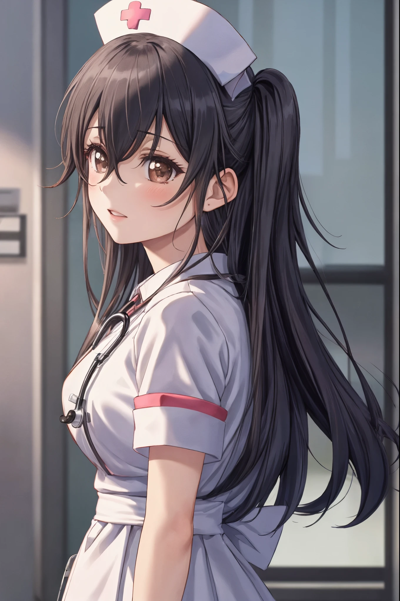 master piece, best quality, 8k, ultra high resolution, highest quality, anime style, best writing, beautiful face, masterpiece, perfect lighting one girl, Solo Ishikawagoe, long hair, black hair, light brown eyes, straggling hair, upper body, white nurse uniform, white nurse cap, holding a syringe, Put a stethoscope on the neck, free pose