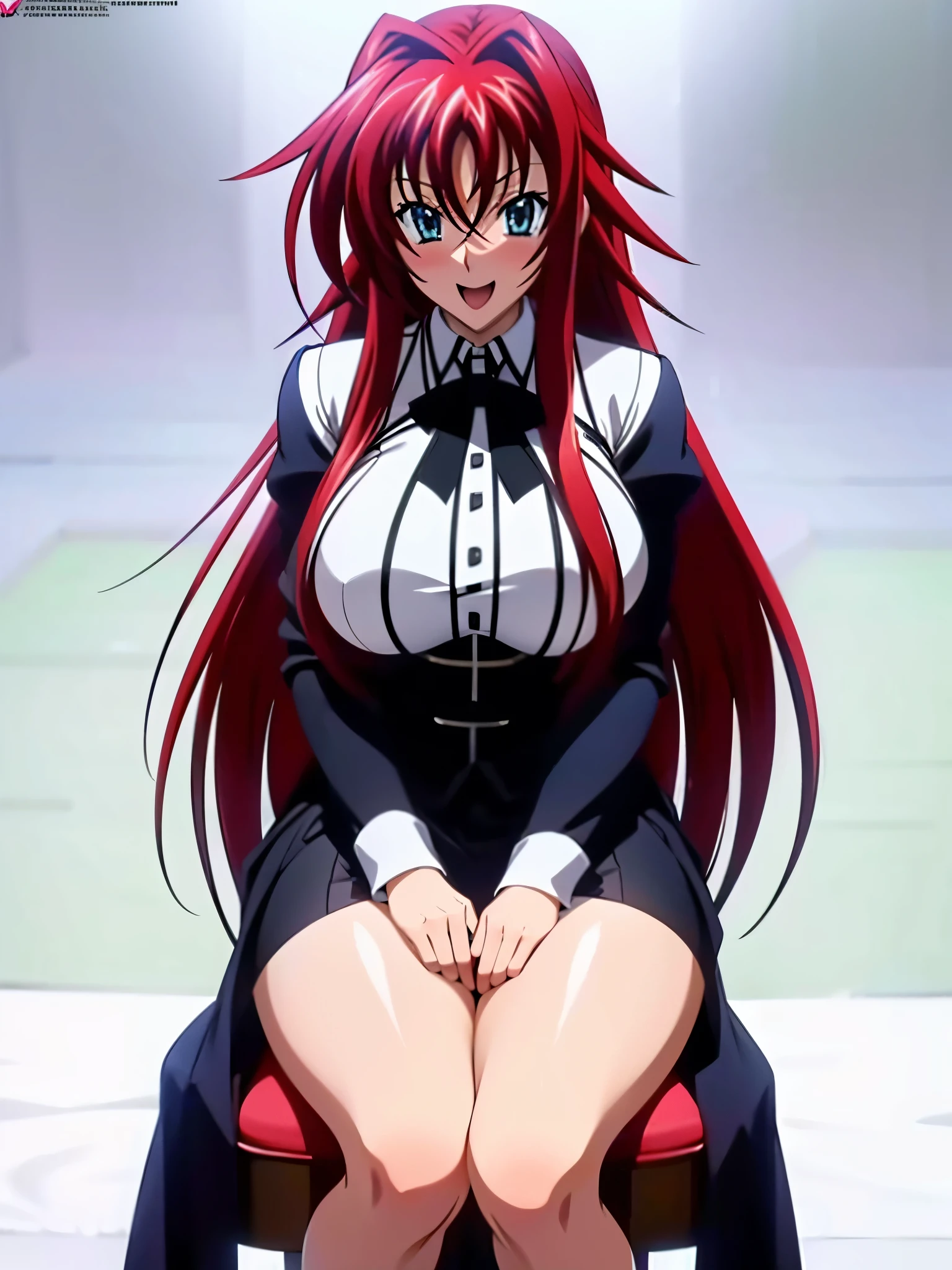 Rias Gremory, High School DxD, Adult Female, Huge Breasts, Wide Thighs, LAUGHING A LOT, LOUD LAUGHTER, POINTING AT THE PHOTO, Sitting on a Chair, White Background, High school girl outfit