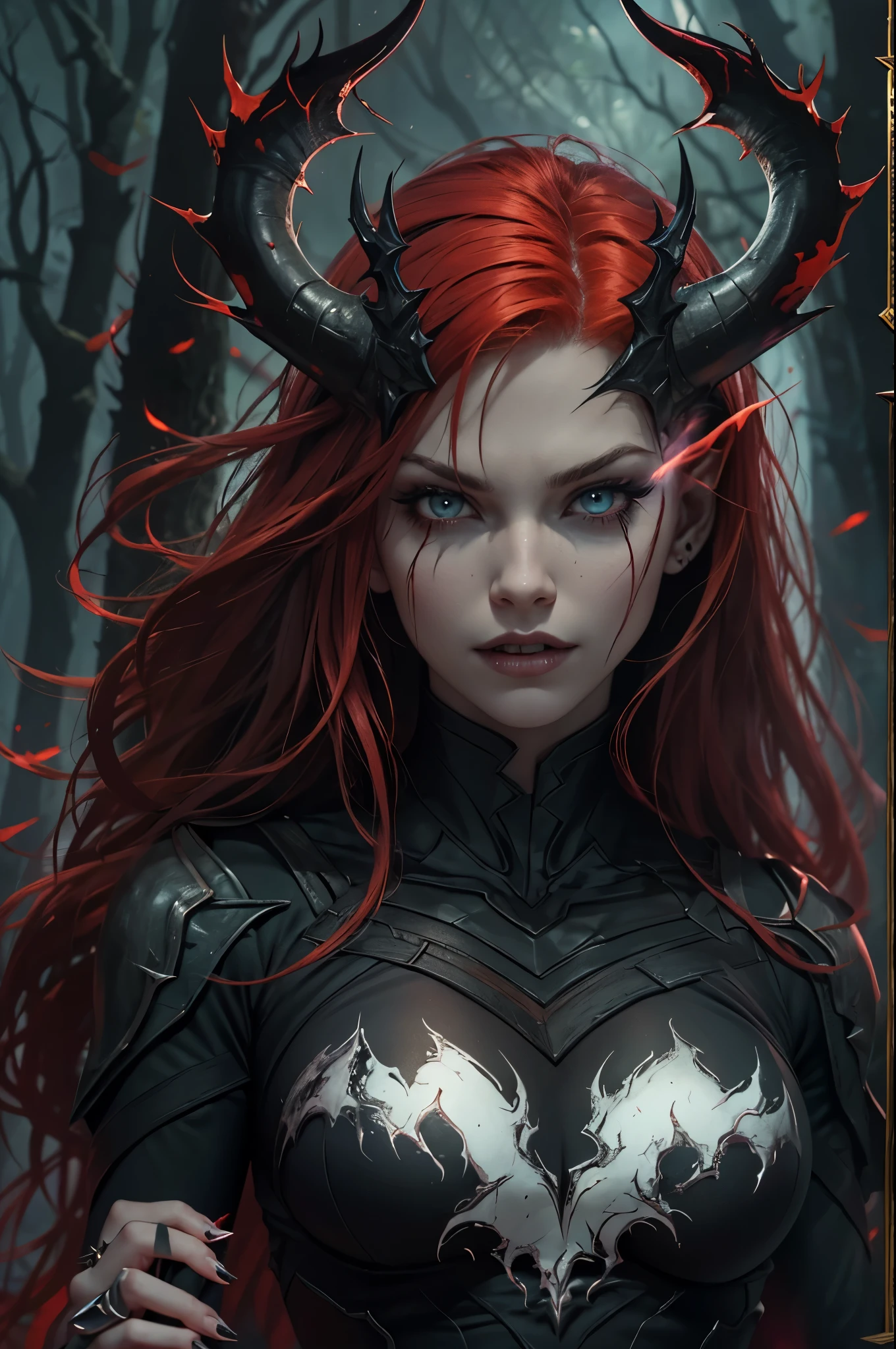 young adult woman,redhead,red hair,dark green eyes,venom,marvel,demon,half elf,scary,gory,(best quality,4k,8k,highres,masterpiece:1.2),ultra-detailed,(realistic,photorealistic,photo-realistic:1.37),fantasy,black and white,dark shadows,sharp contrasts,eerie lighting,evil smile,pale skin,fanged teeth,blood dripping,fierce expression,menacing figure,mystical atmosphere,haunting presence,mysterious background,enchanting forest,twilight setting,ominous glow,spiky black costume,sharp claws,horror aesthetic,gloomy ambiance,fire and smoke,lurking in the shadows,mesmerizing gaze,nightmare-inducing,creepy vibes,terrifying presence,alluring yet dangerous,vivid colors
