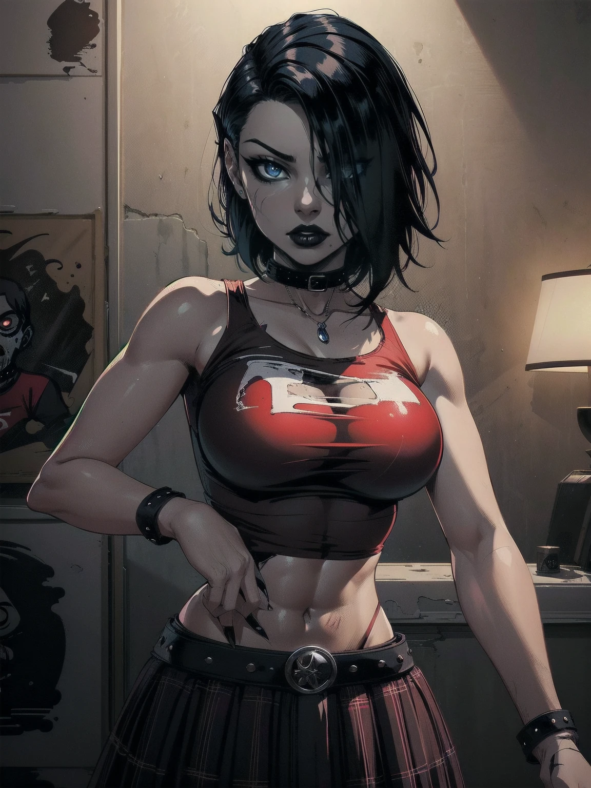 a woman with short black hair, hair on shoulders,  wearing a red t-shirt  and plaid skirt, blue eyes, zombie art, gothic art, cute aesthetic with vibe, toon aesthetic, wearing red costume, wearing gothic accessories, look like Cassie Hack, upper body, horror background