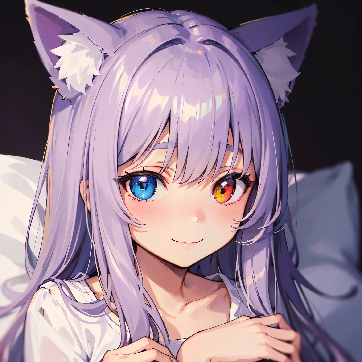 close-up portrait of ((solo catgirl)) hugging a pillow, light violet hair, nekomimi, simple plain background, innocent smile, pajamas, masterpiece, heterochromia, polychromia