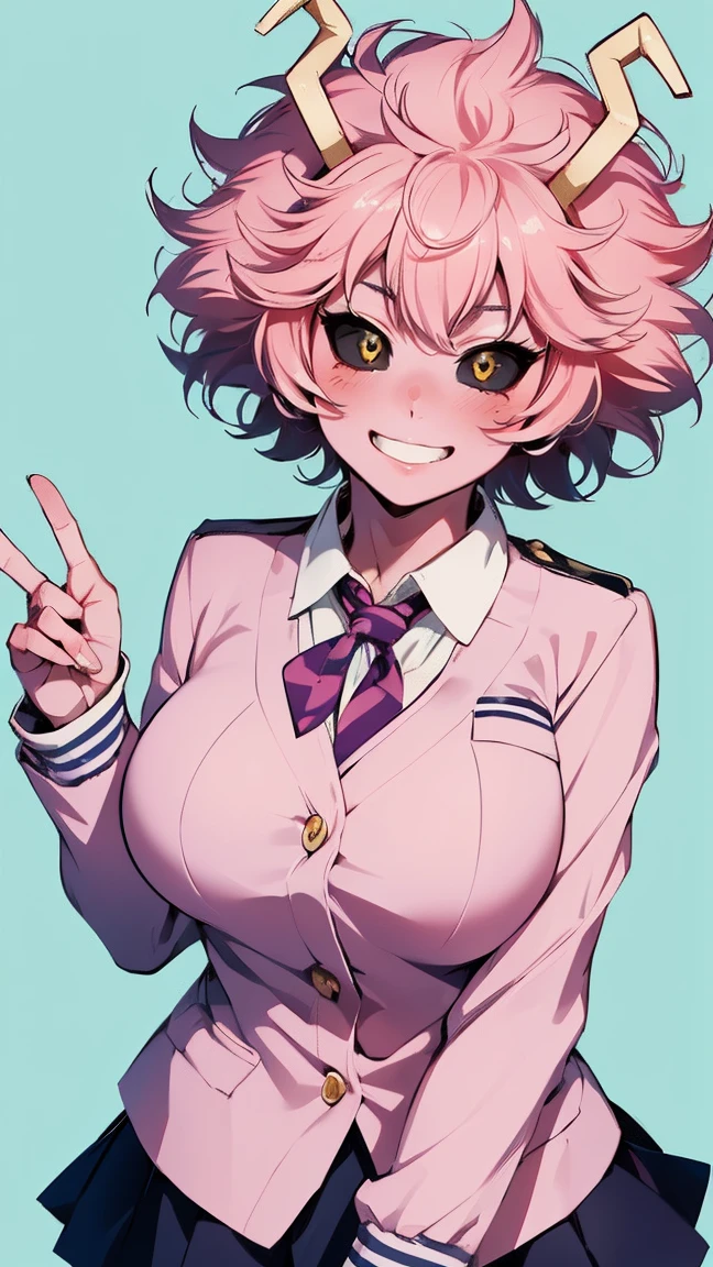 (best quality:1.3), (4k quality), 1 mature woman, Mina Ashido by boku no hero, school uniform, ((Detailed face)), (blush), whole body, large smile