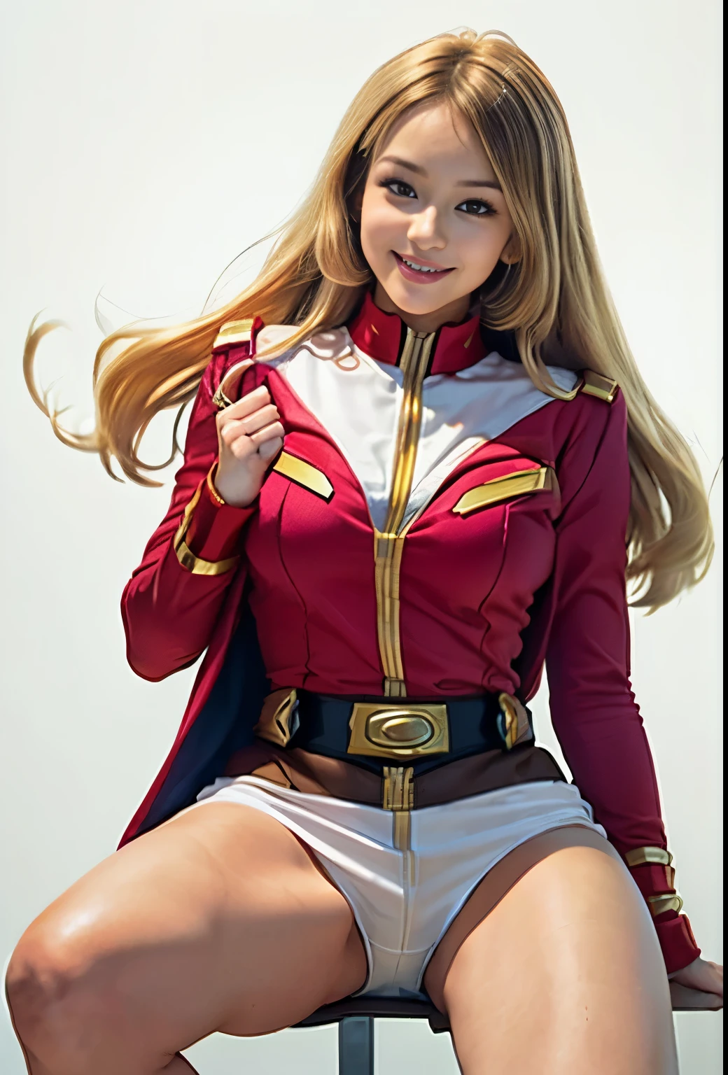 （8k、Raw photography、highest quality、masterpiece：1.2),(Blonde、Very long brown hair:1.7),ponytail、white panties、show viewer,Looking at the front,erotic,(super sentai series、She is wearing a red Precure costume.:1.6)、（mini skirt:1.3）、（white panties:1.3）、(Clothing that emphasizes the shape of your chest:1.3)、(big breasts :1.3)、slim body shape、ultra high resolution,beautiful,beautiful fece,(alone, alone、no background:1.9),whole bodyボディー,、(black eye、japanese woman: 1.3),（Photoreal：1.37）、photon mapping,reality、(Baby-faced and cute: 1.1)、(cute smile: 1.7)、(With a round face: 1.8)、radio city、Physically based rendering、depth of field rally background、photograph, (I can see your knees,close up of thighs、blue skirt is too short、spread your legs、white pantiesーを披露:1.3),whole body、super fine