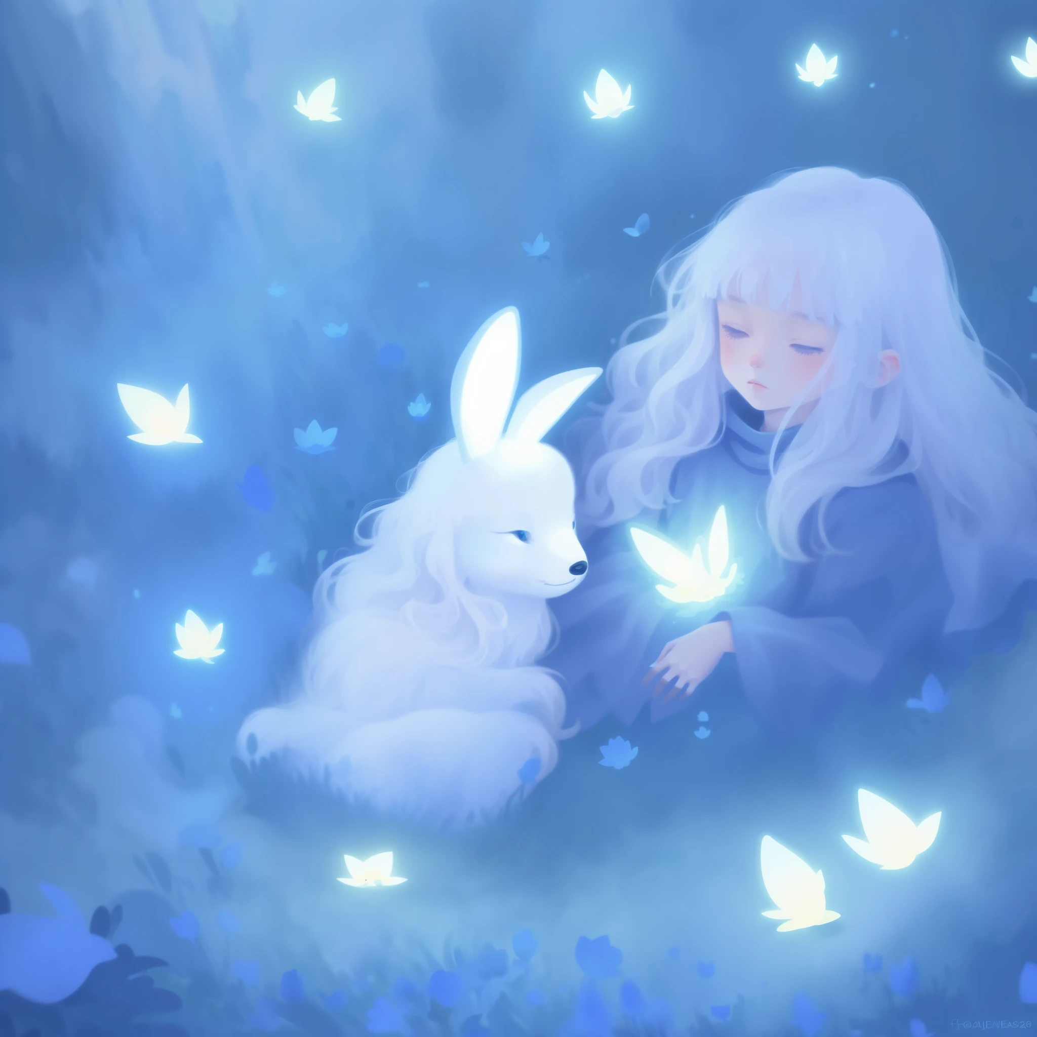 1girl，Brunettes Hair，Locken，long white hair，Holds a rabbit ear spirit，eBlaue Augen，Libelle，Lotus blatt，Lotusblumen，Das Hemd，Faltenrock，Ein Geist mit Hasenohren hinter ihm，Kapuze in Form eines Hasenohrs，blauer Farbton，KINDERILLUSTRATION，heilen，mit leuchtendem Licht