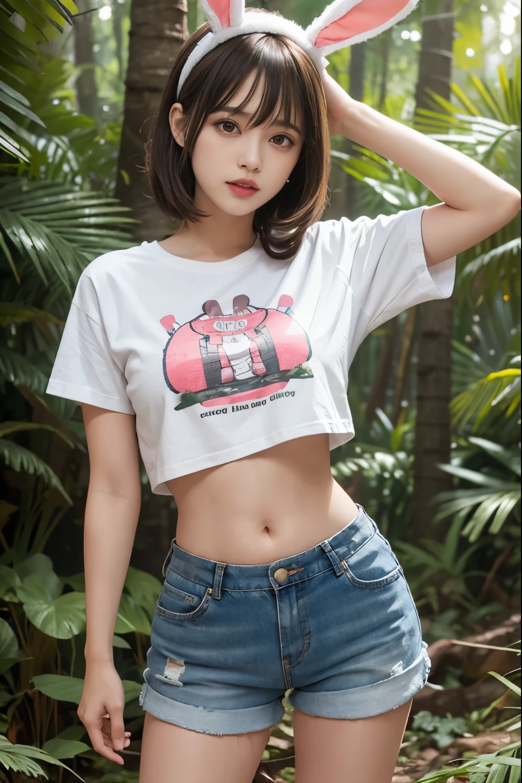 Hair bang, bunny ears headband, ideal tits, hat, cropped tied t-shirts with text printed, stomach, Short pants, legs, (forest background), vibrant colours, studio lights, gentle lights, dim light, 3D animation