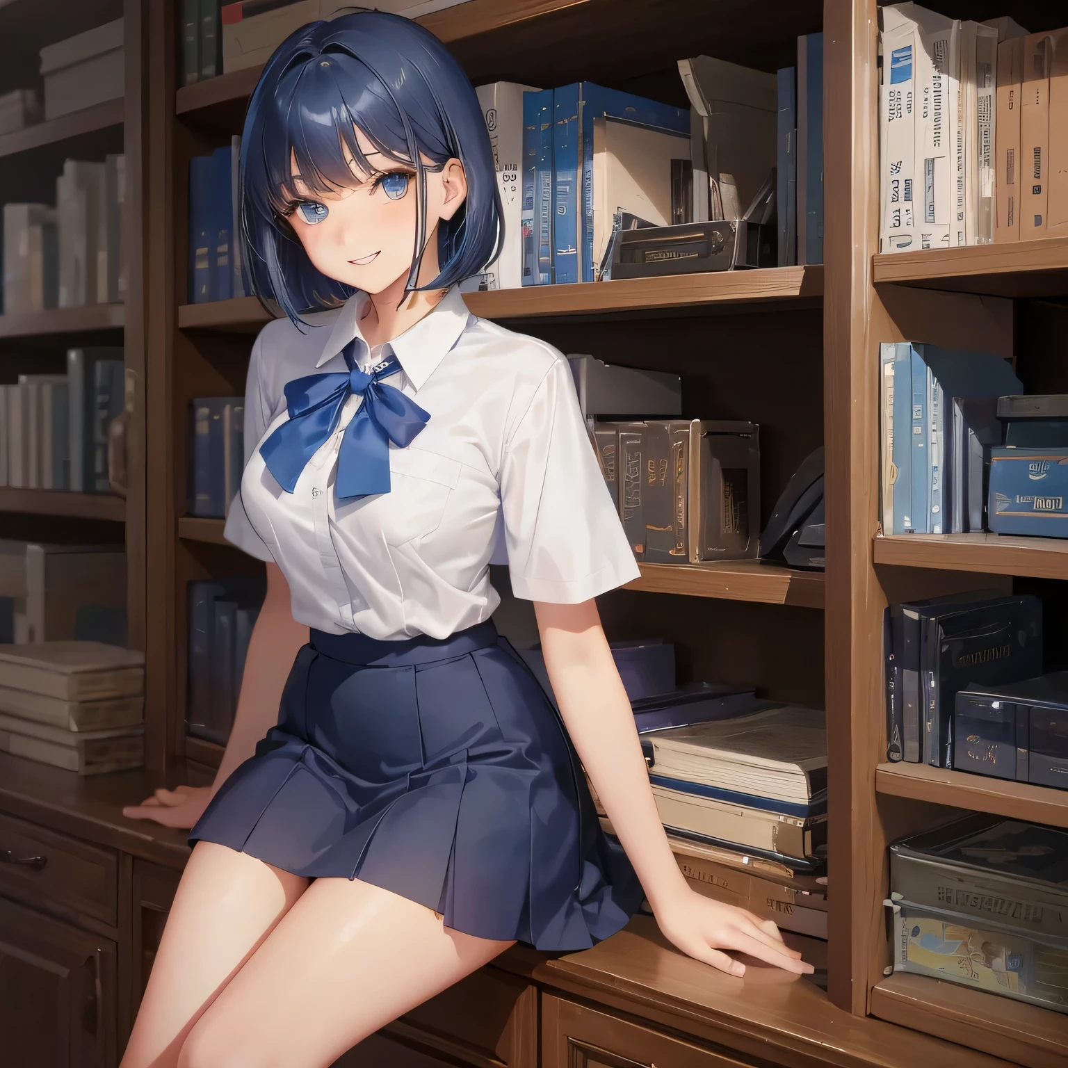 1 high school girl　17 year old female　bob cut　dark blue hair color　high school uniform　White Y shirt short sleeve　blue ribbon　dark blue hair color　big breasts　full body portrait　学校のlibrary　smile gently　alone　slim body shape　library