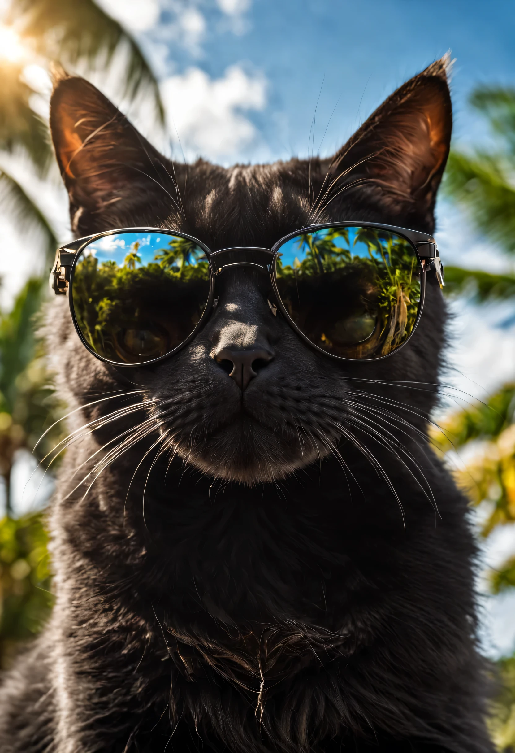 super detailed photo of cat wearing sunglasses under tropical sky, black cat,The hair on the body is shiny,daytime,|photographic, Realism taken to extremes, fine texture, Extremely true, Work, large format camera, photorealism, SLR camera, 8K Ultra HD, high dynamic range, super detailed, high quality, high contrast