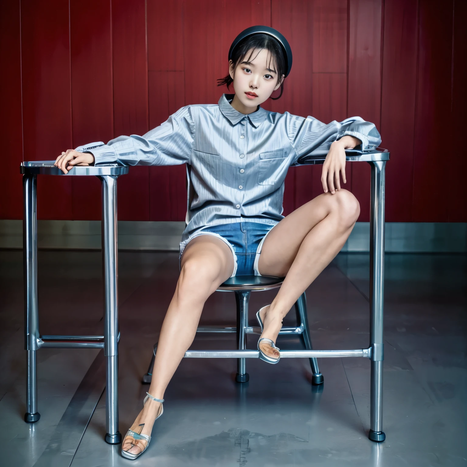 (full body shot, sitting on steel_stool, sitting with legs spread apart widely, :1.5)