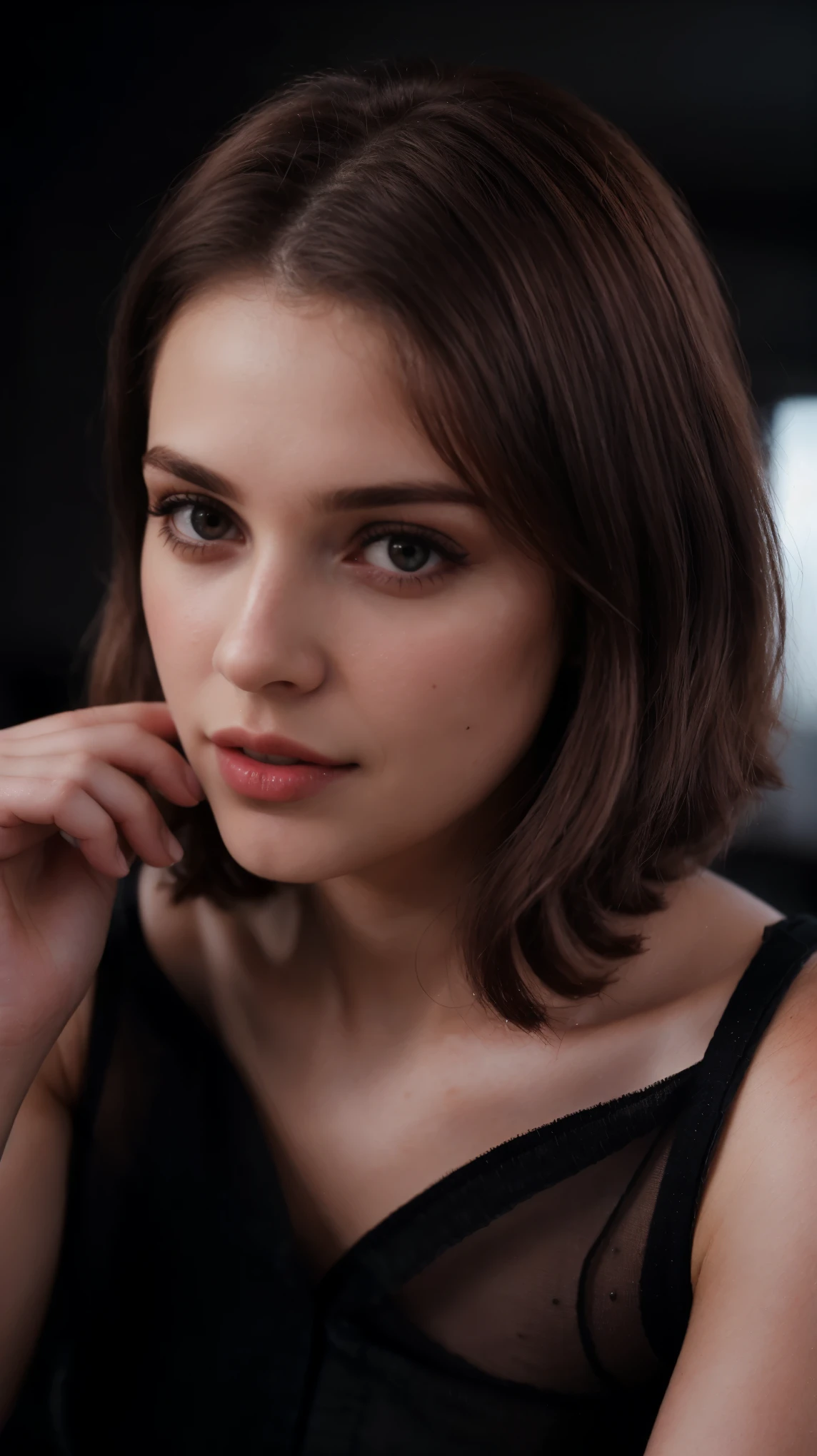 Boycut brown shining hair, (RAW photo), (realism: 1.8), (gloss red lipstick, many eyelashes, dark black eye shadow, shy, blushing, high quality, high resolution, depth of field, chromatic aberration, caustic, wide light, dark pink fair glossy skin, (21 year old woman), stylish college girl, transparent pink shirt-black jeans, lots of exposure, pose, visible 8k resolutions,