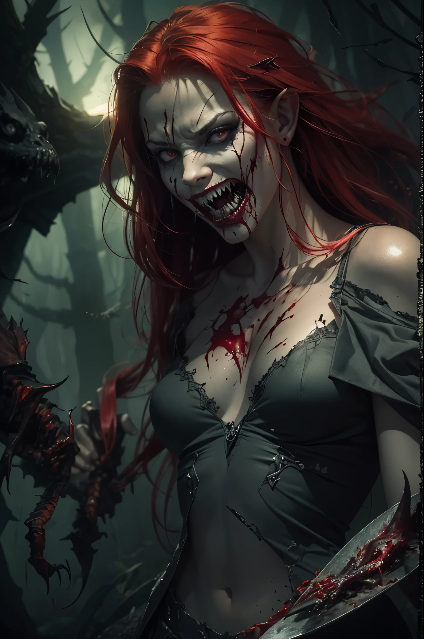 young adult woman,redhead,red hair,dark green eyes,venom,marvel,demon,half elf,scary,gory,(best quality,4k,8k,highres,masterpiece:1.2),ultra-detailed,(realistic,photorealistic,photo-realistic:1.37),fantasy,black and white,dark shadows,sharp contrasts,eerie lighting,evil smile,pale skin,fanged teeth,blood dripping,fierce expression,menacing figure,mystical atmosphere,haunting presence,mysterious background,enchanting forest,twilight setting,ominous glow,spiky black costume,sharp claws,horror aesthetic,gloomy ambiance,fire and smoke,lurking in the shadows,mesmerizing gaze,nightmare-inducing,creepy vibes,terrifying presence,alluring yet dangerous,vivid colors