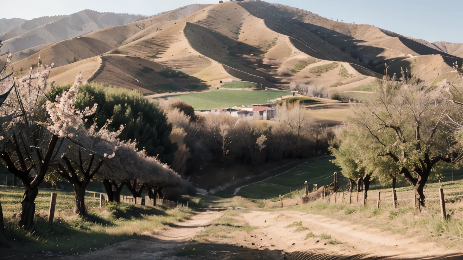 Apricot trees, orchards, Dense almond orchard, Hundred acres of orchard, Plum Apricot Orchard in Wuxiang County, Changzhi, agriculture, ray tracing, cinematic lighting, chiaroscuro, panorama, 135mm, f/4.0, Ultra-Wide Angle, bloom, UHD, high details, best quality, high quality, highres, 1080P, 16k