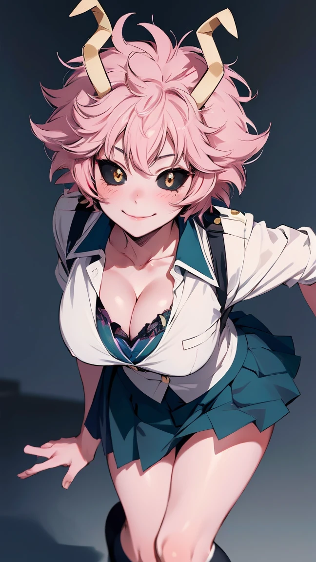 (best quality:1.3), (4k quality), 1 mature woman, Mina Ashido by boku no hero, school uniform, ((Detailed face)), (blush), whole body, large smile