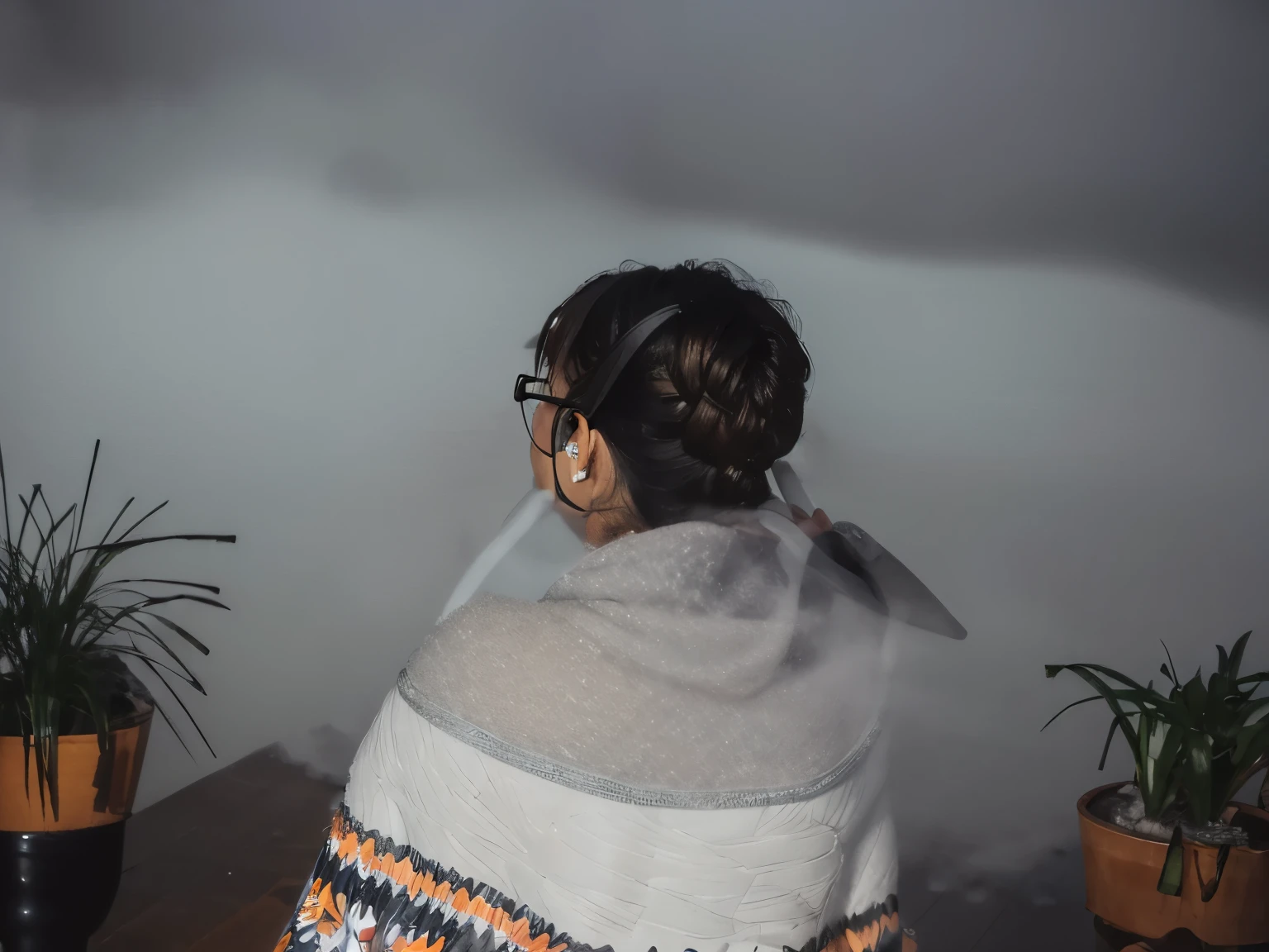 1woman, 28 yo woman, black woman, black curly hair, beautiful mixed woman, her hair wrapped in colorful ((quilt folk rug)) dimples, from behind, looking to camera, heavy dark , dark clothing, custom fashion fit, (long dark curly hair:1.2), several ear piercings, a (black checkered vase with a potted surreal plant growing from it), overgrown path, ((misty fog:1.9)), lush haze, Bioluminescence landscape, she's a true charismatic woman, there's something about her, incredible presence all her details are captured by any and all cameras, all (details captured, taken by Canon EOS 5D, Nikon d850 full frame, Leica M, Hasselblad digital cameras), the picture seems to show you every detail, we can see details the normal eye can't see, invisible to many, camera is revealing more around her, reveal the deepest shadows, blacks are deep and rich, every texture is clear and fine, shallow depth of focus, blurry path into deep darkness, a busy the path and keep her from being safe inside where she wants to be