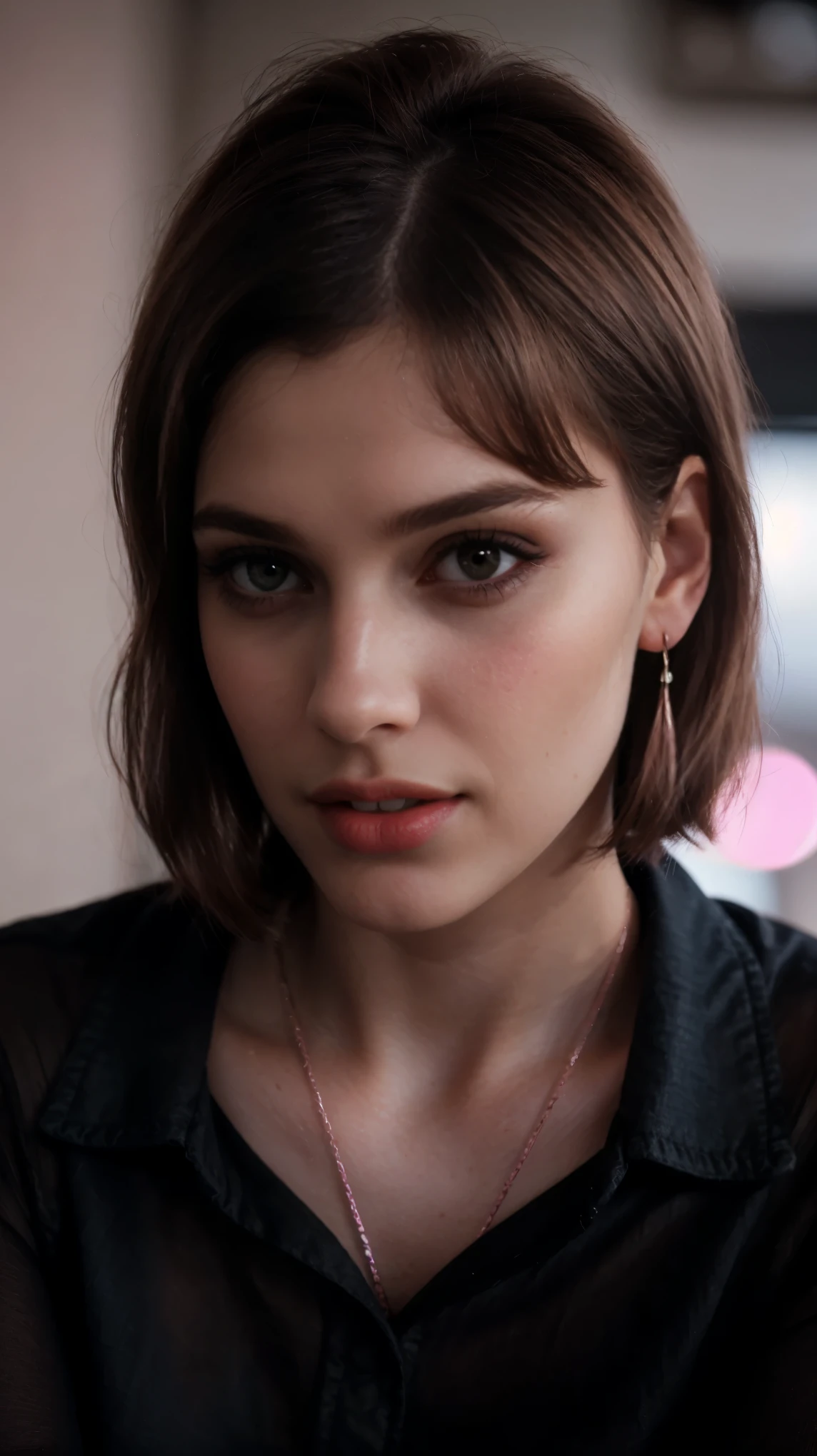 Boycut brown shining hair, (RAW photo), (realism: 1.8), (gloss red lipstick, many eyelashes, dark black eye shadow, shy, blushing, high quality, high resolution, depth of field, chromatic aberration, caustic, wide light, dark pink fair glossy skin, (21 year old woman), stylish college girl, transparent pink shirt-black jeans, lots of exposure, pose, visible 8k resolutions,
