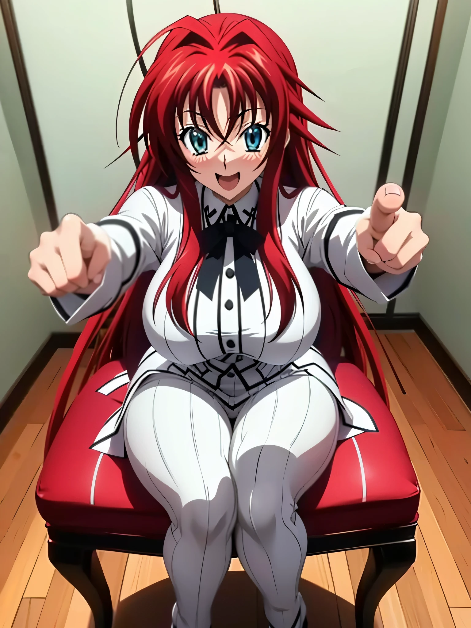 Rias Gremory, High School DxD, Adult Female, Huge Breasts, Wide Thighs, LAUGHING A LOT, LOUD LAUGHTER, POINTING AT THE PHOTO, Sitting on a Chair, White Background, High school girl outfit