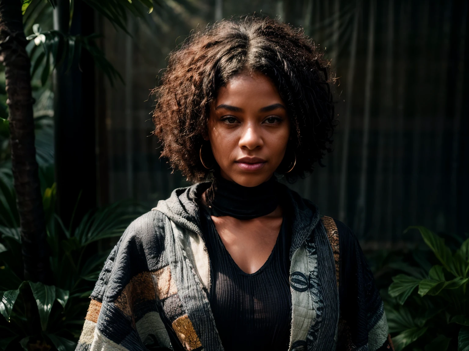 1woman, 28 yo woman, black woman, black curly hair, beautiful mixed woman, her hair wrapped in colorful ((quilt folk rug)) dimples, from behind, looking to camera, heavy dark , dark clothing, custom fashion fit, (long dark curly hair:1.2), several ear piercings, a (black checkered vase with a potted surreal plant growing from it), overgrown path, ((misty fog:1.1)), lush haze, Bioluminescence landscape, she's a true charismatic woman, there's something about her, incredible presence all her details are captured by any and all cameras, all (details captured, taken by Canon EOS 5D, Nikon d850 full frame, Leica M, Hasselblad digital cameras), the picture seems to show you every detail, we can see details the normal eye can't see, invisible to many, camera is revealing more around her, reveal the deepest shadows, blacks are deep and rich, every texture is clear and fine, shallow depth of focus, blurry path into deep darkness, a busy the path and keep her from being safe inside where she wants to be