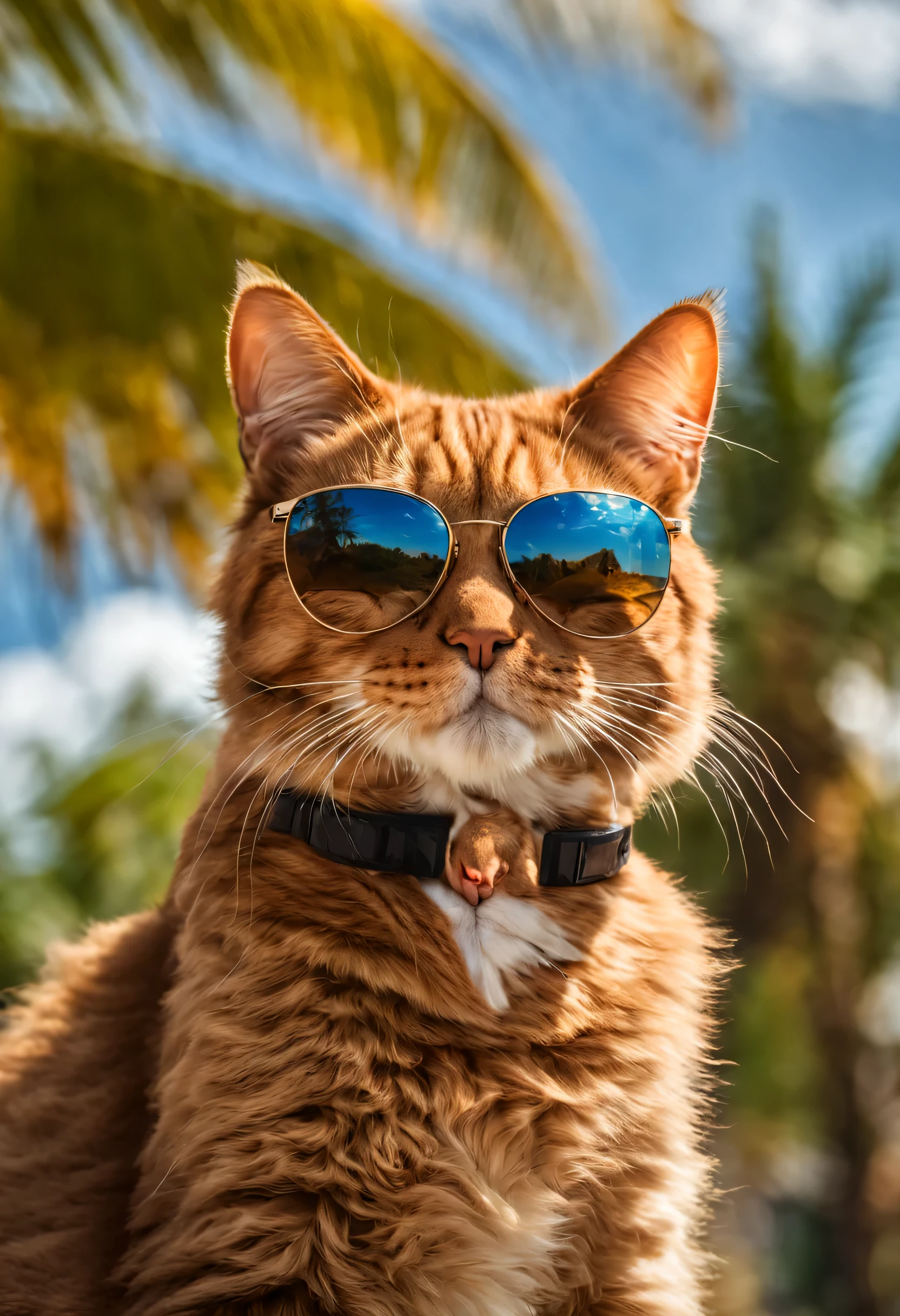 super detailed photo of cat wearing sunglasses under tropical sky, Brown cat,The hair on the body is all shiny,daytime,|photographic, Realism taken to extremes, fine texture, Extremely true, Work, large format camera, photorealism, SLR camera, 8K Ultra HD, high dynamic range, super detailed, high quality, high contrast